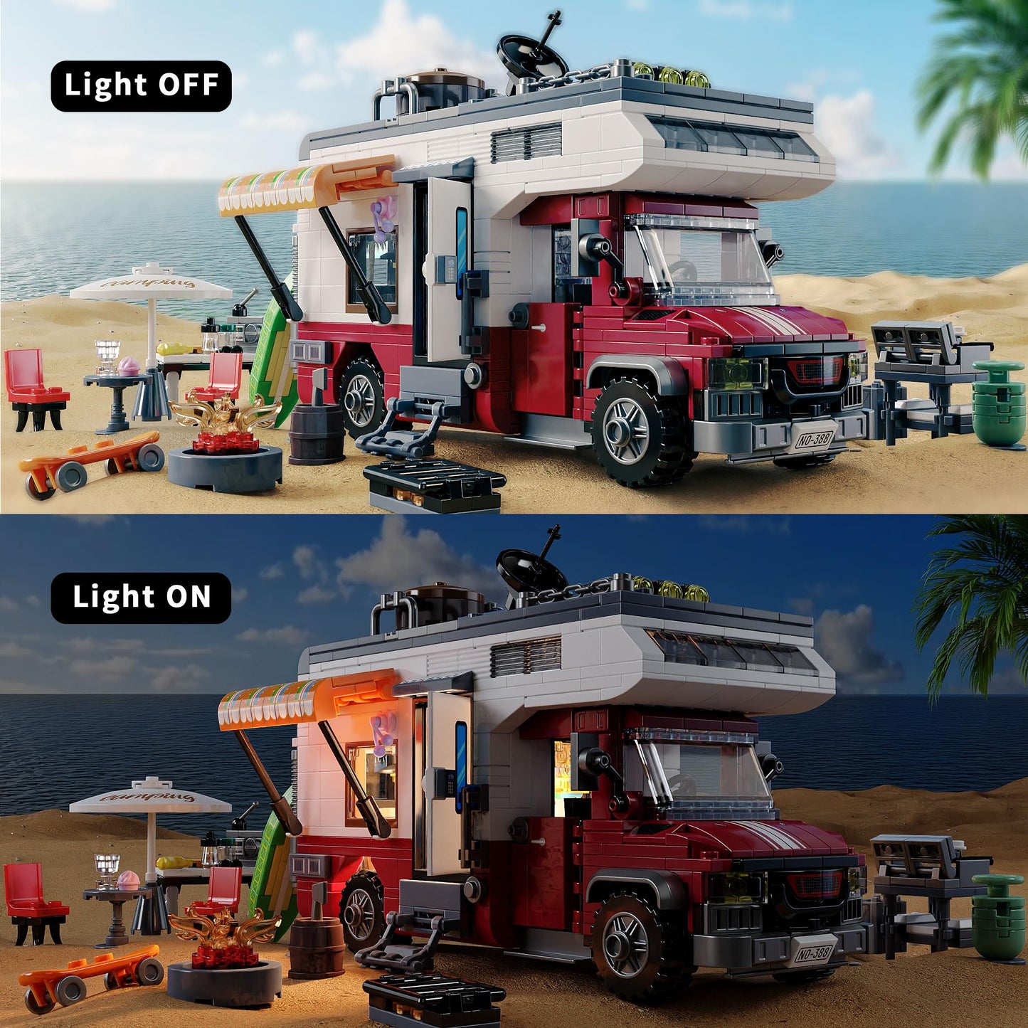 TYCOLE City Camper Van Set – 880-Piece Lego-Compatible Beach RV with Lights