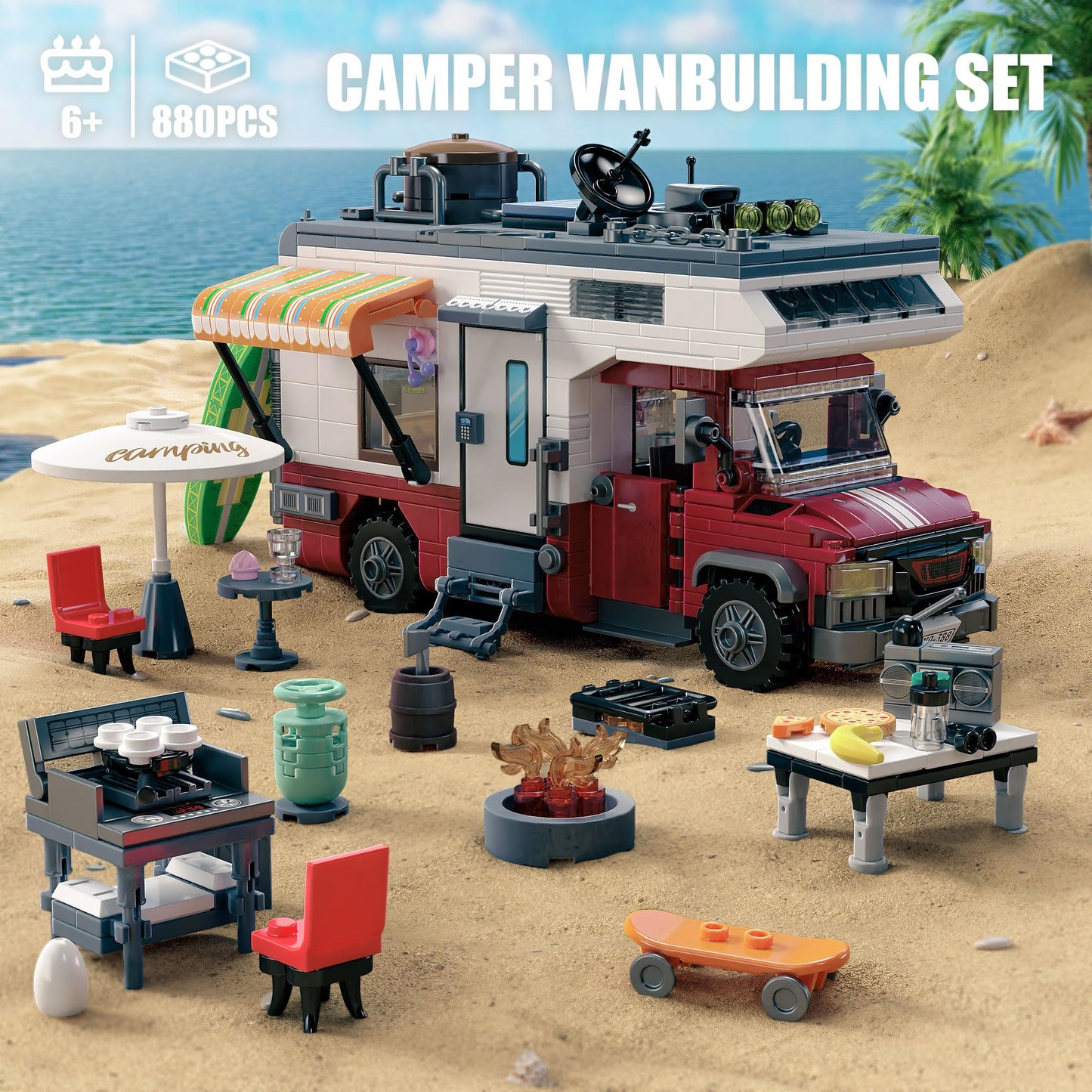 TYCOLE City Camper Van Set – 880-Piece Lego-Compatible Beach RV with Lights