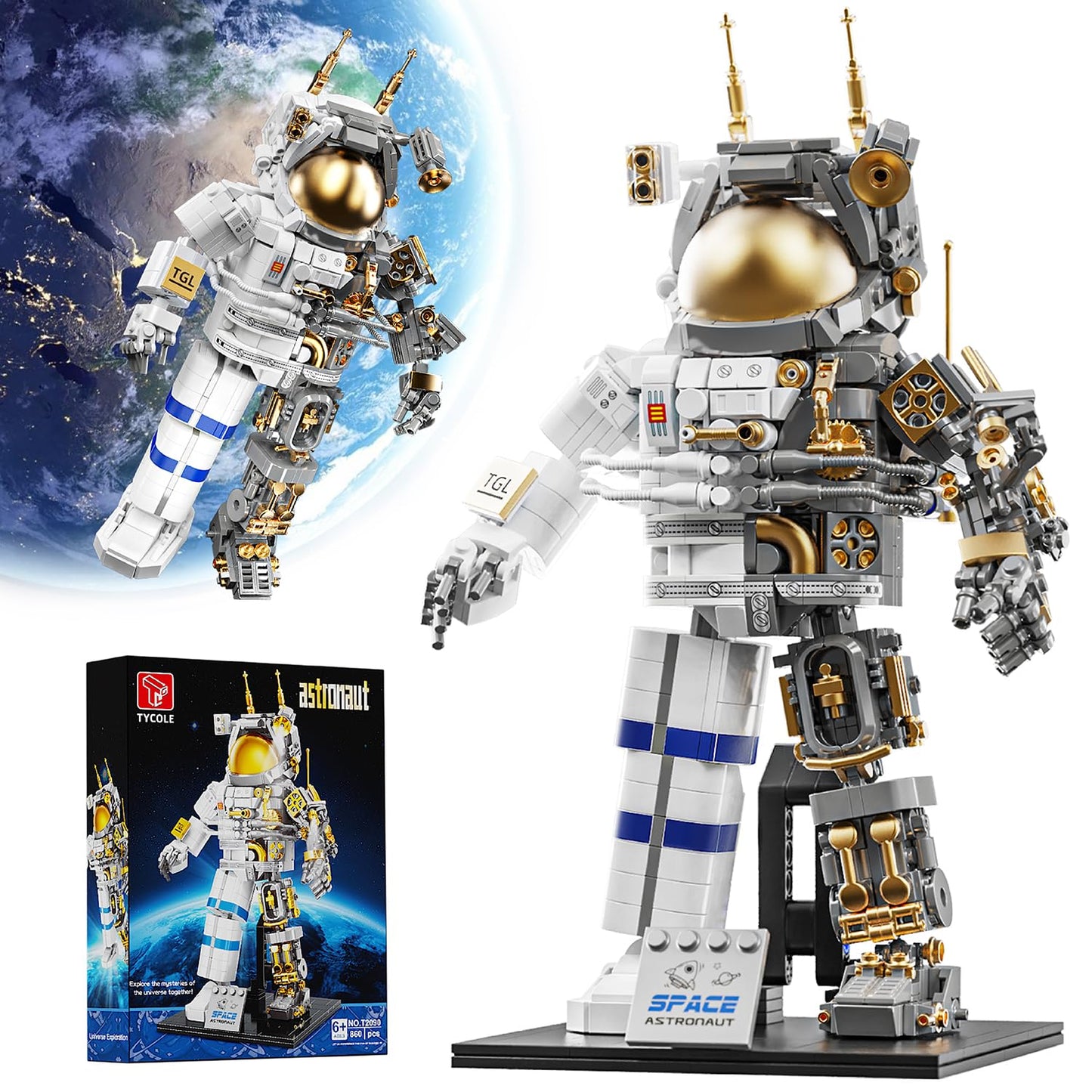 TYCOLE Space Astronaut Building Set – 860 Pcs with Display Stand, Translucent Tech Deco for Home & Office