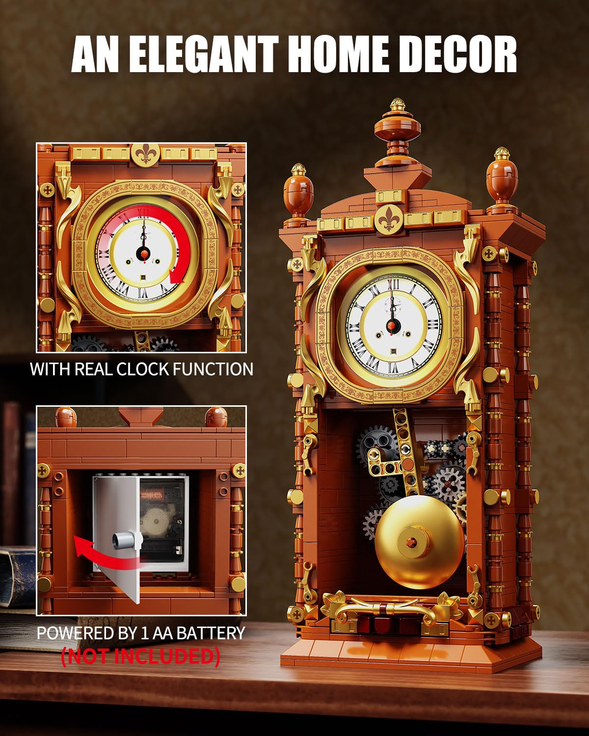 TYCOLE Vintage Pendulum Clock Building Set – Real Clock Function & Collectible for Adults & Kids 6+