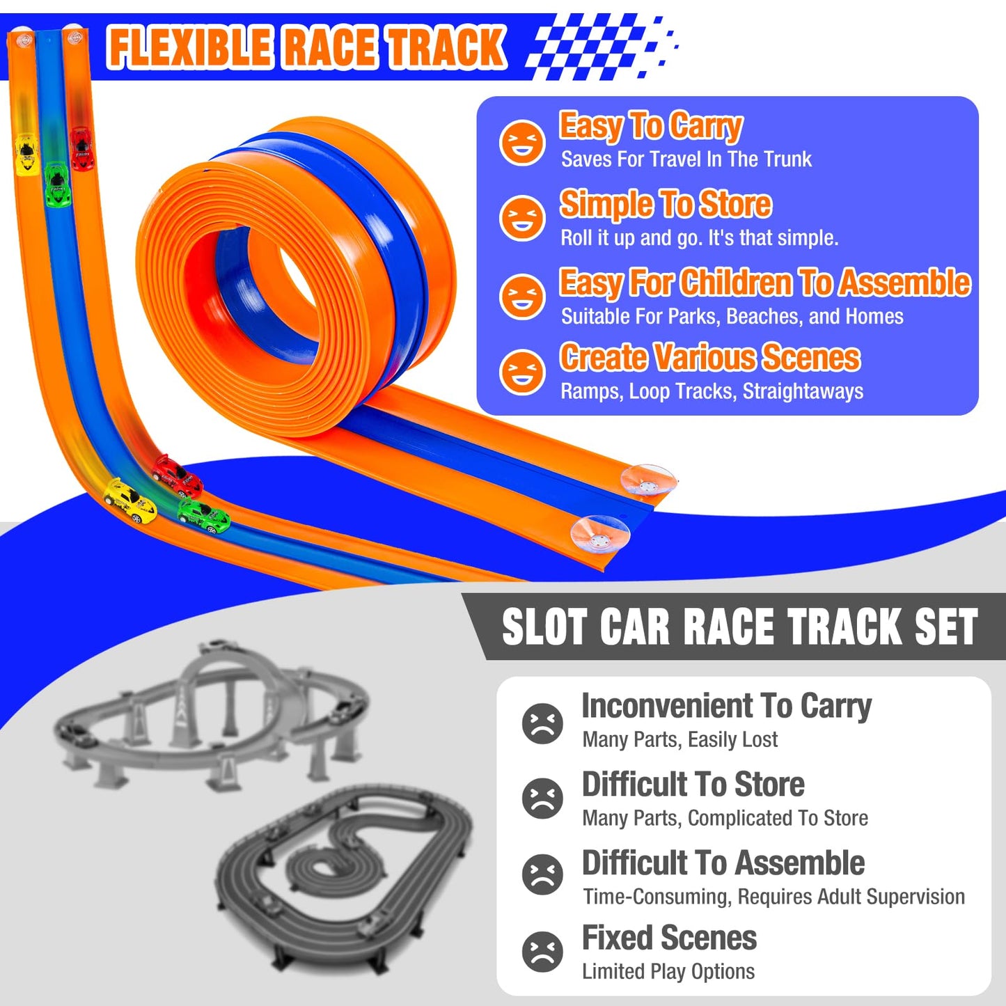 Tyholoo 3-Lane 16ft Flexible Race Track with Pull-Back Cars and Strong Suction Cups