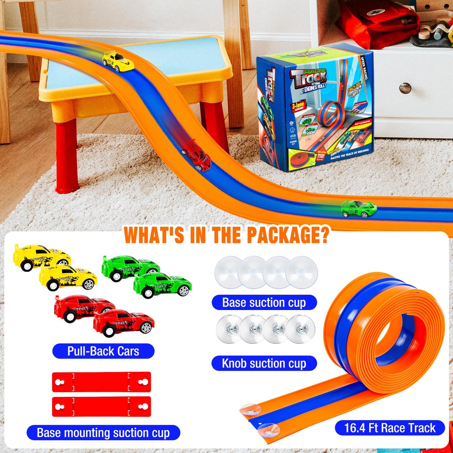 Tyholoo 3-Lane 16ft Flexible Race Track with Pull-Back Cars and Strong Suction Cups