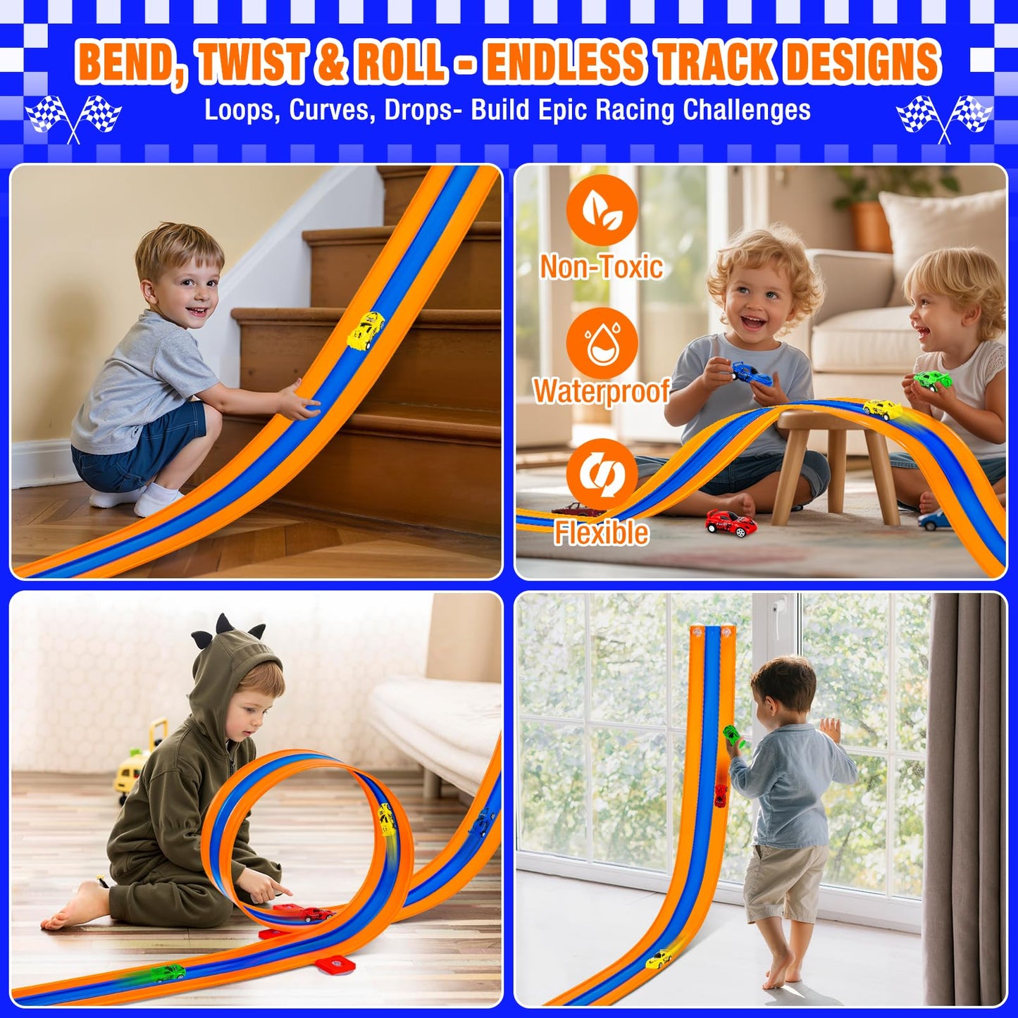 Tyholoo 3-Lane 16ft Flexible Race Track with Pull-Back Cars and Strong Suction Cups