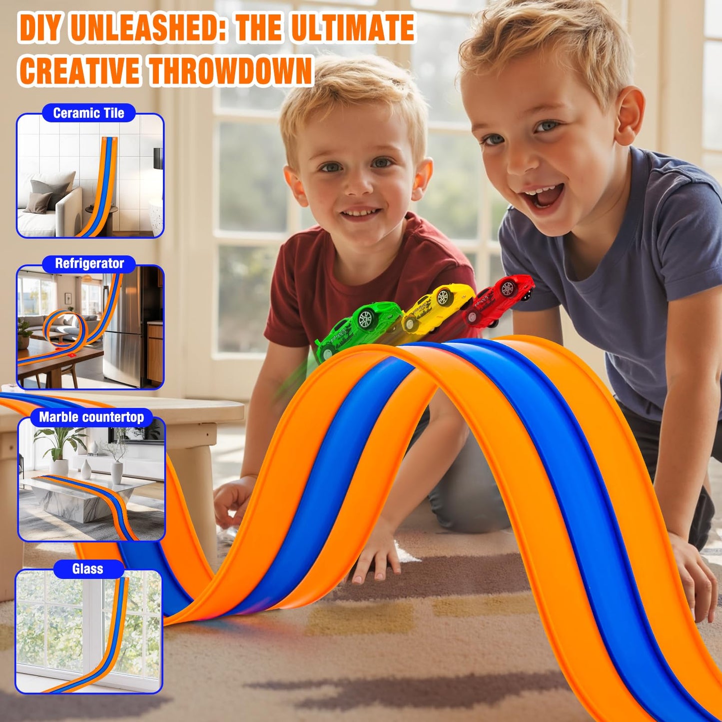 Tyholoo 3-Lane 16ft Flexible Race Track with Pull-Back Cars and Strong Suction Cups