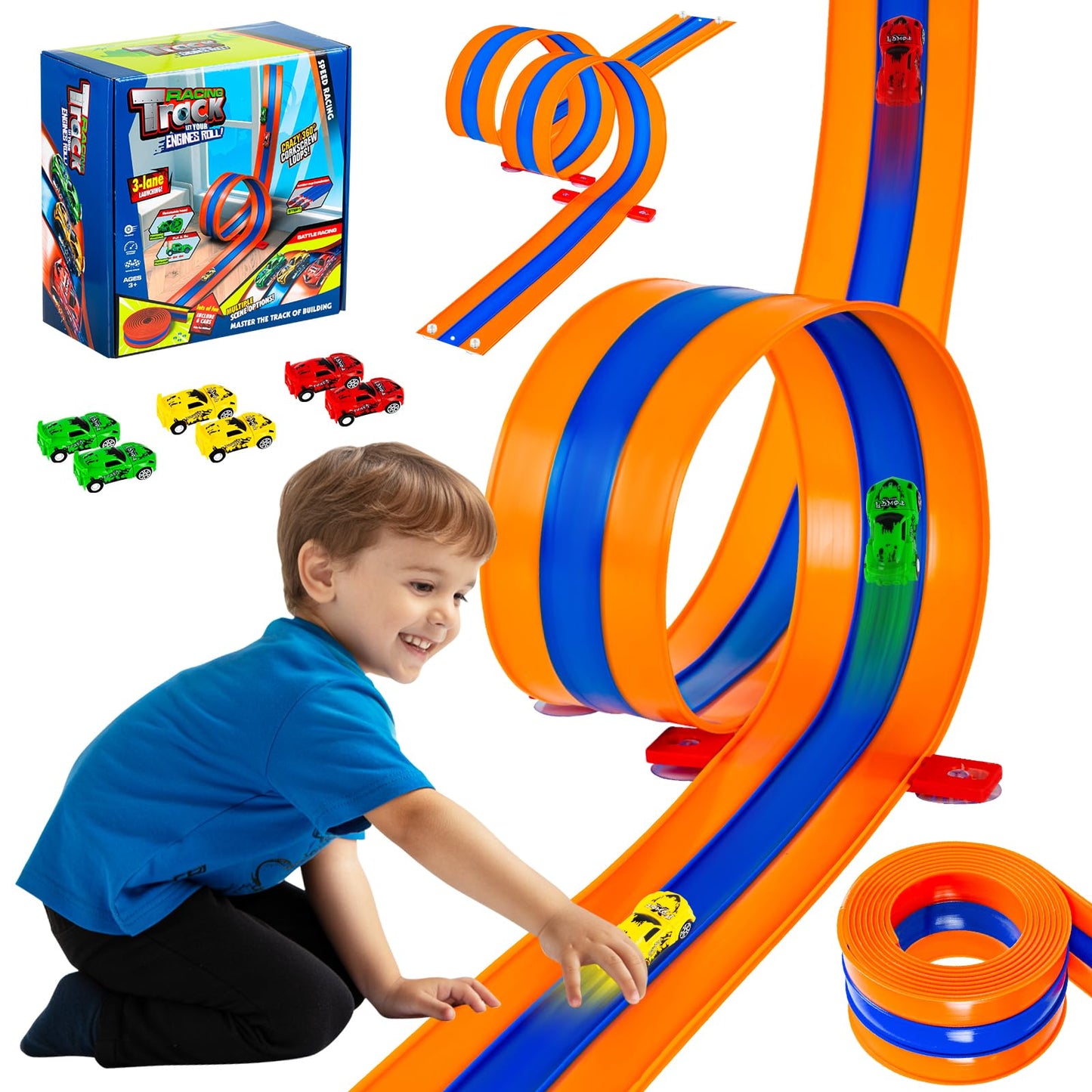 Tyholoo 3-Lane 16ft Flexible Race Track with Pull-Back Cars and Strong Suction Cups