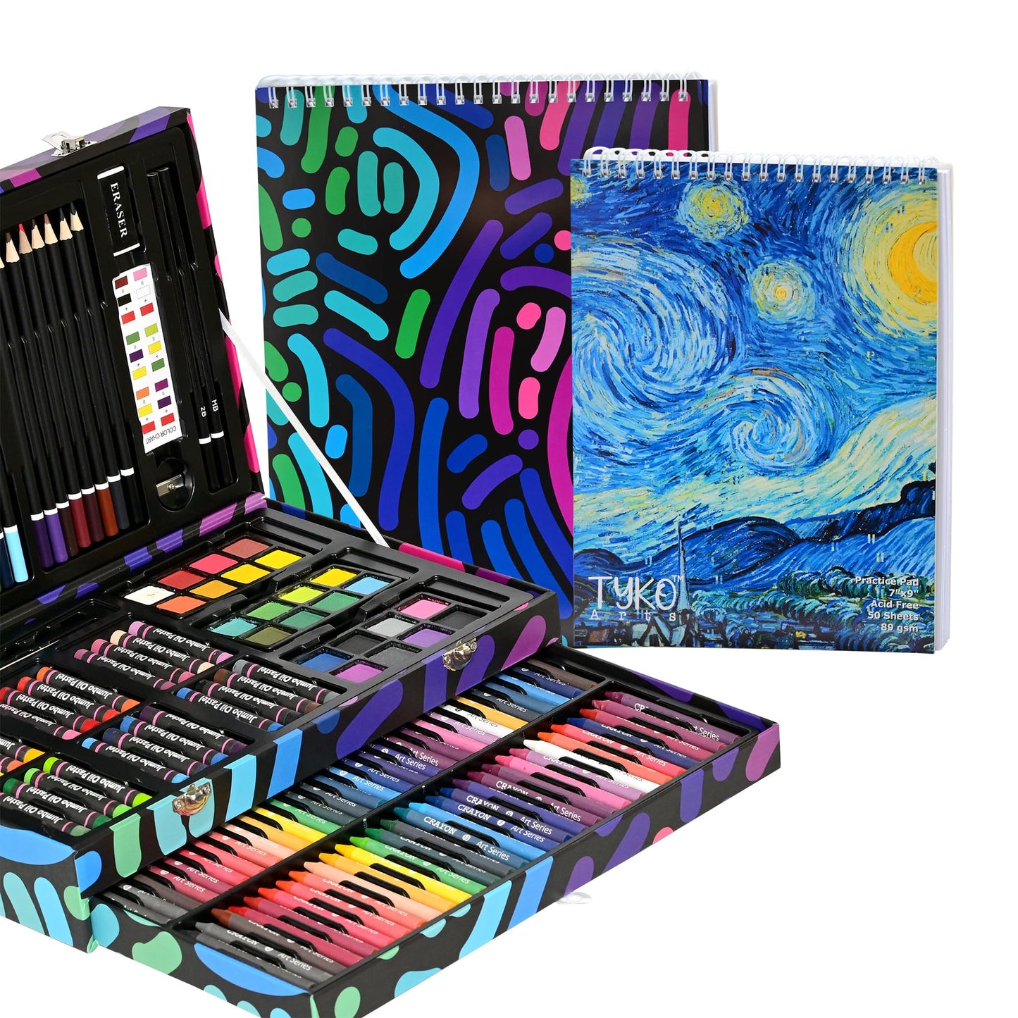 Tyko Arts 147pc Coloring Art Set | Portable Drawing & Painting Kit for Kids, Teens & Adults