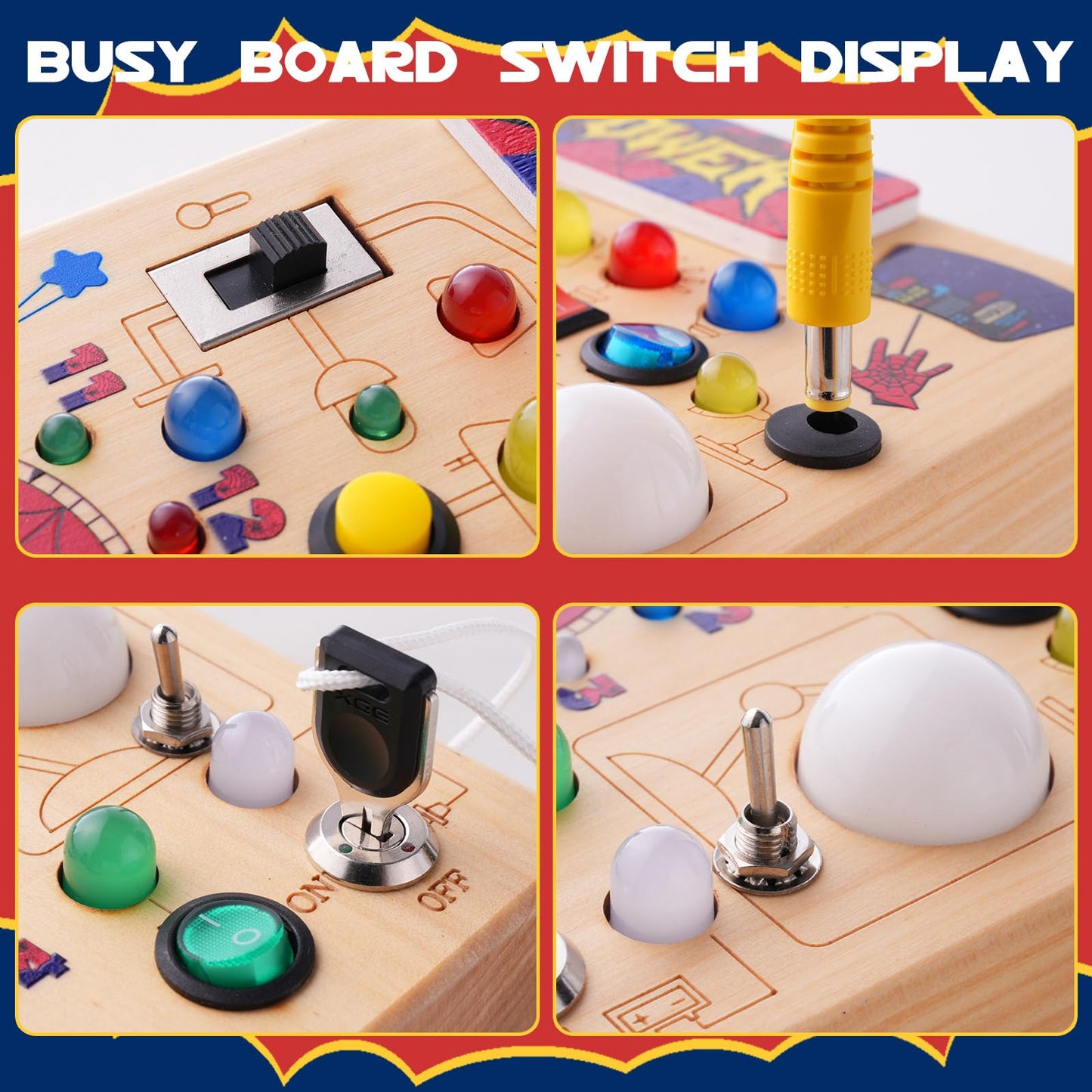 TYMGCHQ Montessori Busy Board with 22 LED Lights – Wooden Sensory Toy for 3+ Years