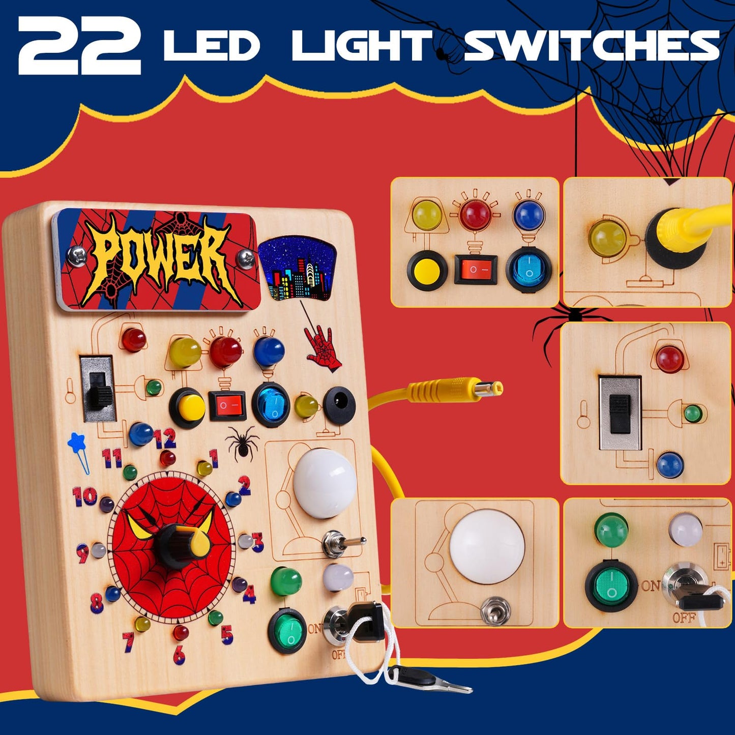 TYMGCHQ Montessori Busy Board with 22 LED Lights – Wooden Sensory Toy for 3+ Years