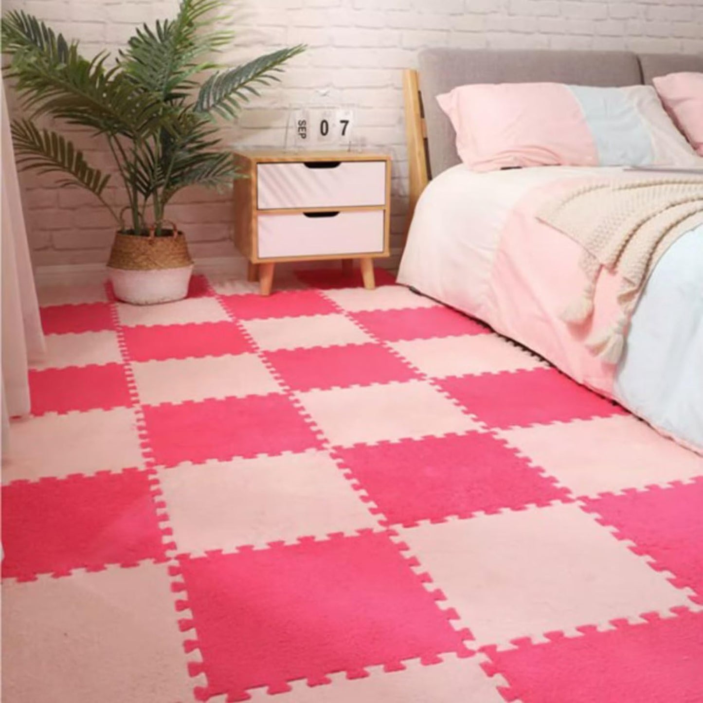 Typutomi 12pcs Plush Puzzle Foam Floor Mat – Rose Red & Pink Interlocking Tiles