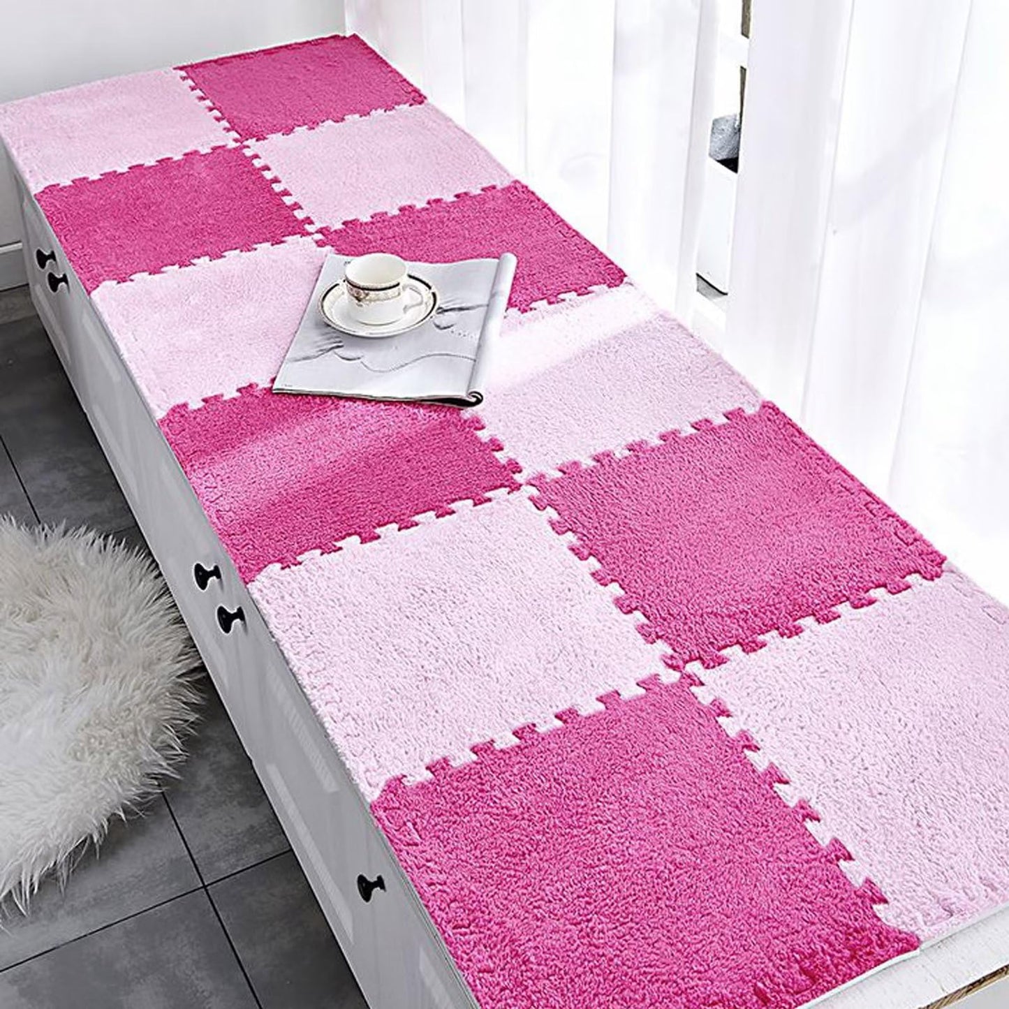 Typutomi 12pcs Plush Puzzle Foam Floor Mat – Rose Red & Pink Interlocking Tiles