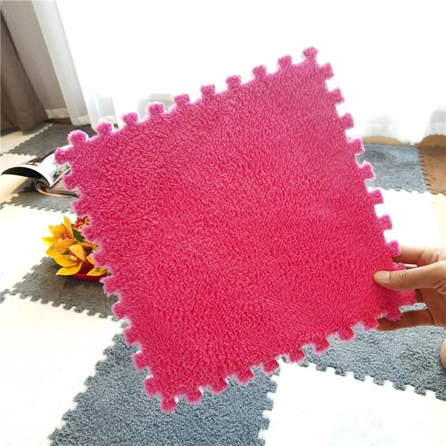Typutomi 12pcs Plush Puzzle Foam Floor Mat – Rose Red & Pink Interlocking Tiles