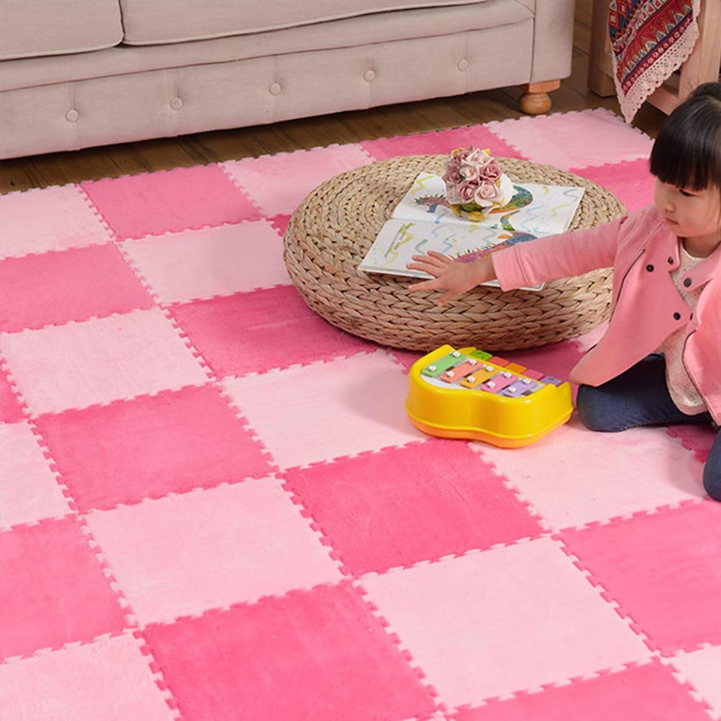 Typutomi 12pcs Plush Puzzle Foam Floor Mat – Rose Red & Pink Interlocking Tiles