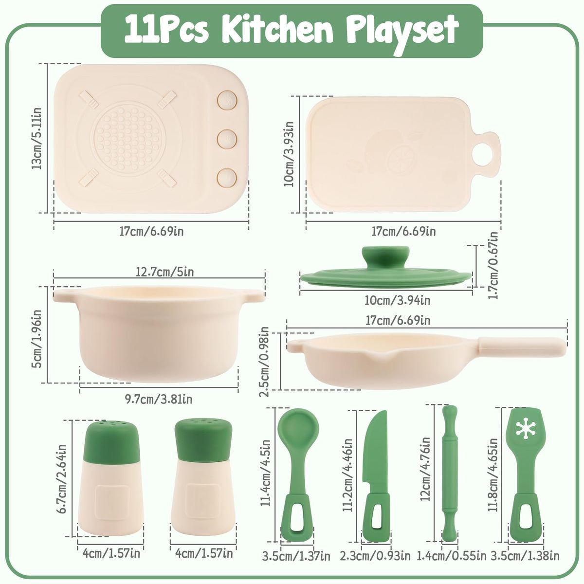 TYRY.HU Play Kitchen Accessories - 11Pcs BPA-Free Silicone Pretend Play Food Set (Green)
