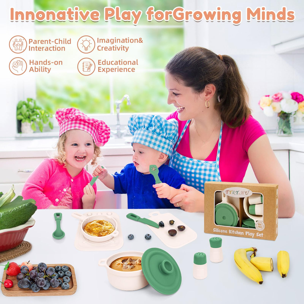 TYRY.HU Play Kitchen Accessories - 11Pcs BPA-Free Silicone Pretend Play Food Set (Green)