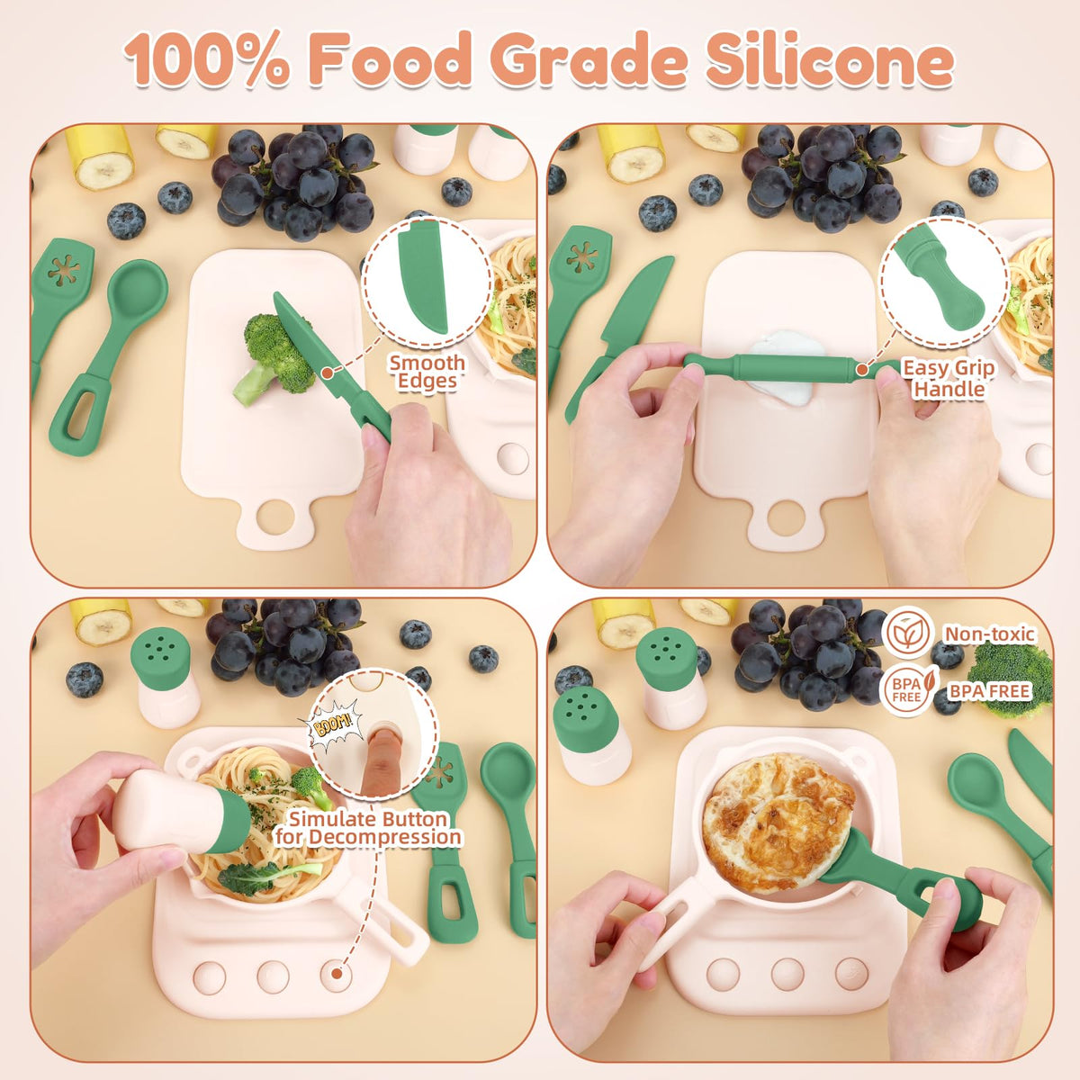 TYRY.HU Play Kitchen Accessories - 11Pcs BPA-Free Silicone Pretend Play Food Set (Green)