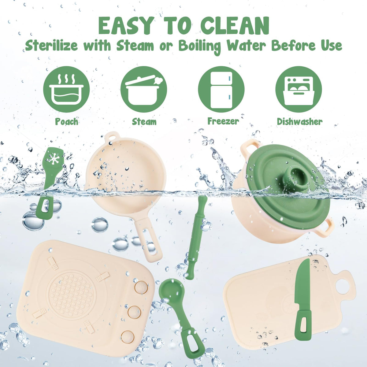 TYRY.HU Play Kitchen Accessories - 11Pcs BPA-Free Silicone Pretend Play Food Set (Green)