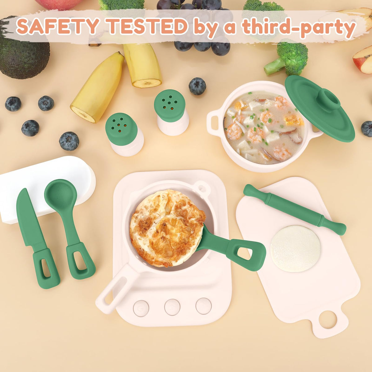 TYRY.HU Play Kitchen Accessories - 11Pcs BPA-Free Silicone Pretend Play Food Set (Green)