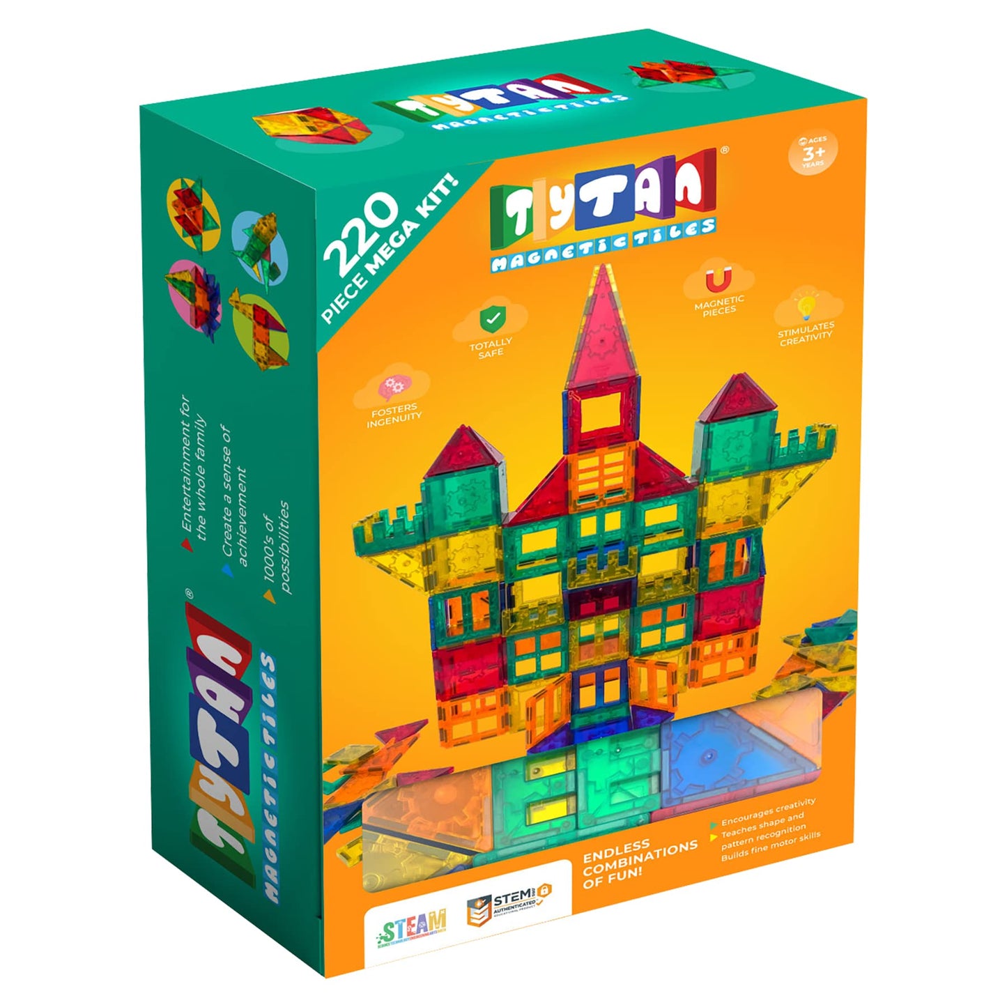 Tytan Tiles 220-Piece Magnetic Building Set | STEM Toy for Kids 3+ | Supersized 3D Castles & Vehicles