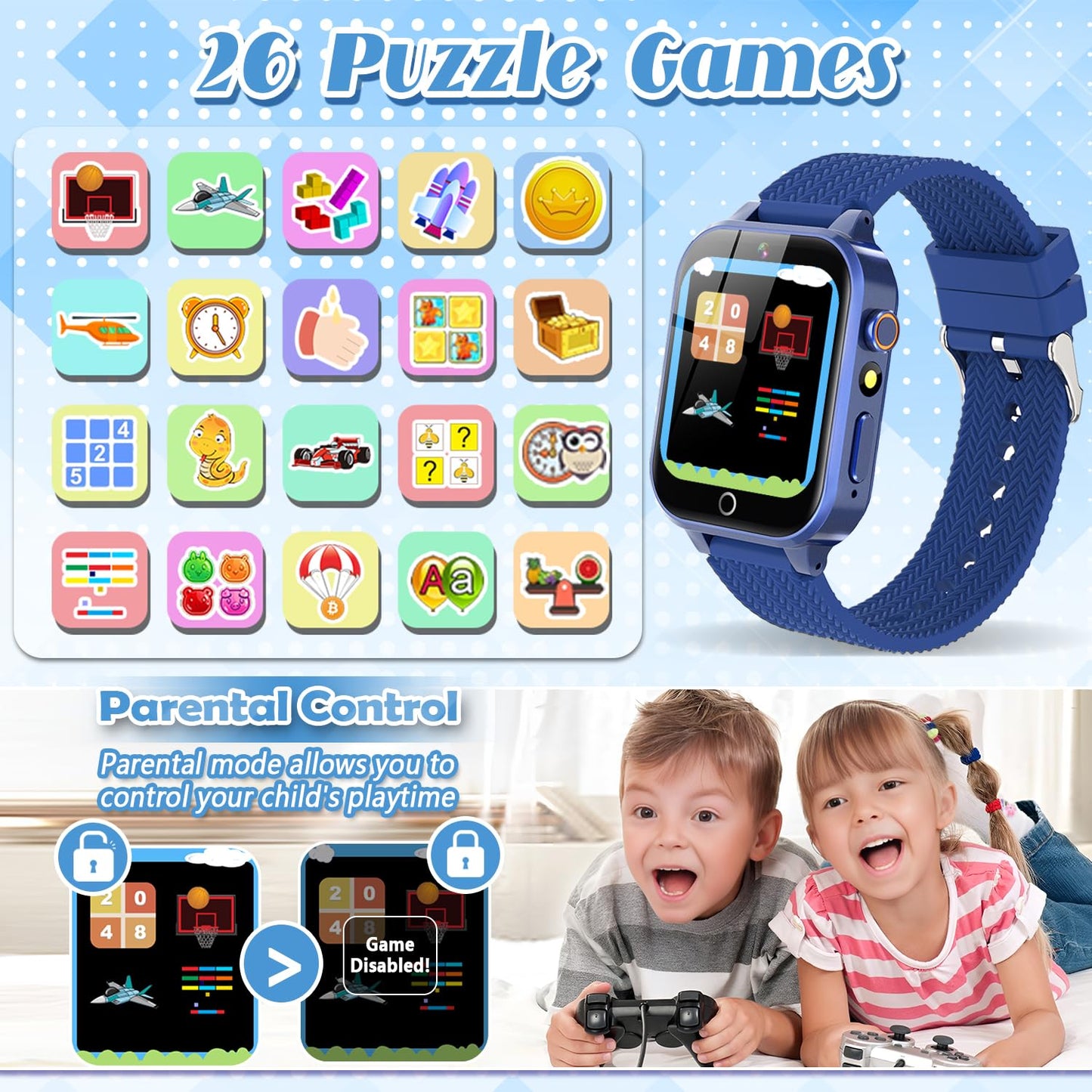 Tywop Kids Smart Watch – 26 Puzzle Games, HD Camera, Touchscreen, Metal Case (Ages 3-12)