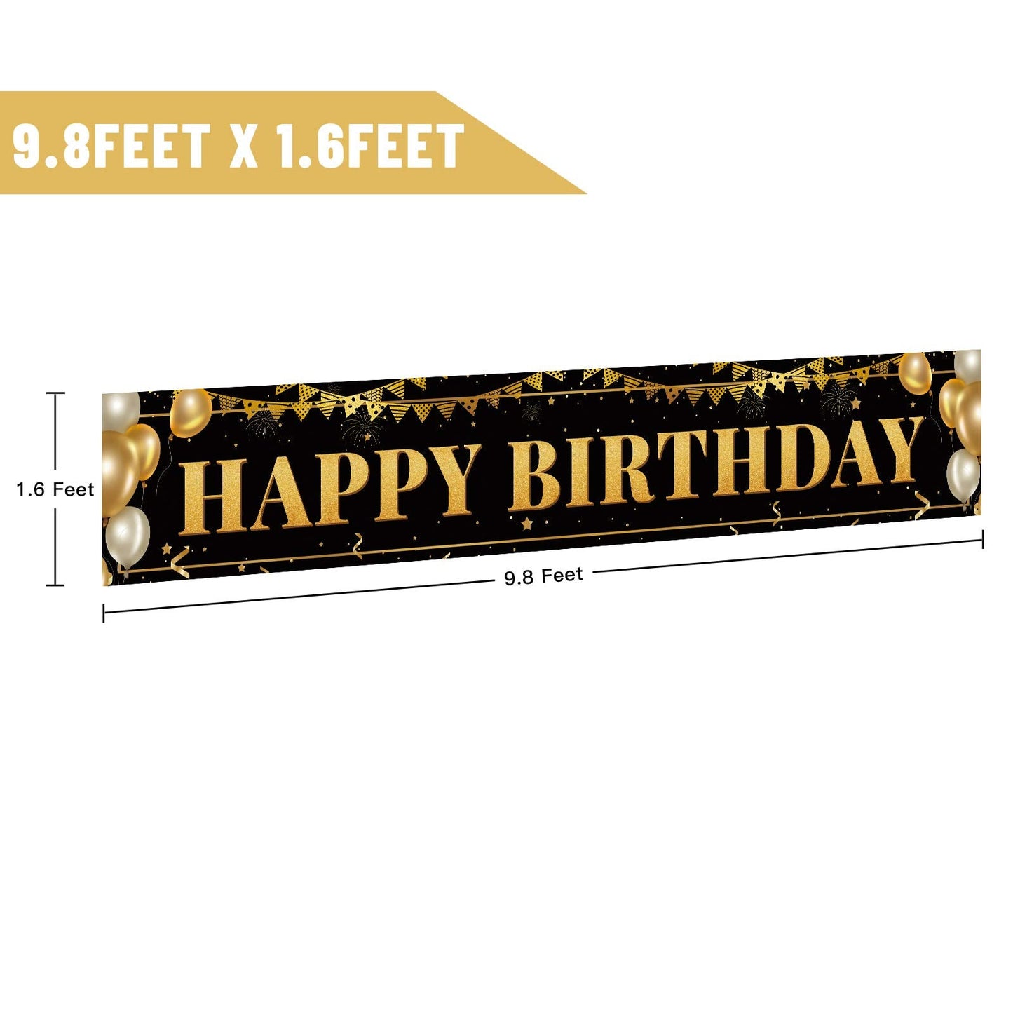 TZSS Black Gold Happy Birthday Banner – 9.8 ft x 1.6 ft, Reusable Polyester, Indoor/Outdoor Party Decor