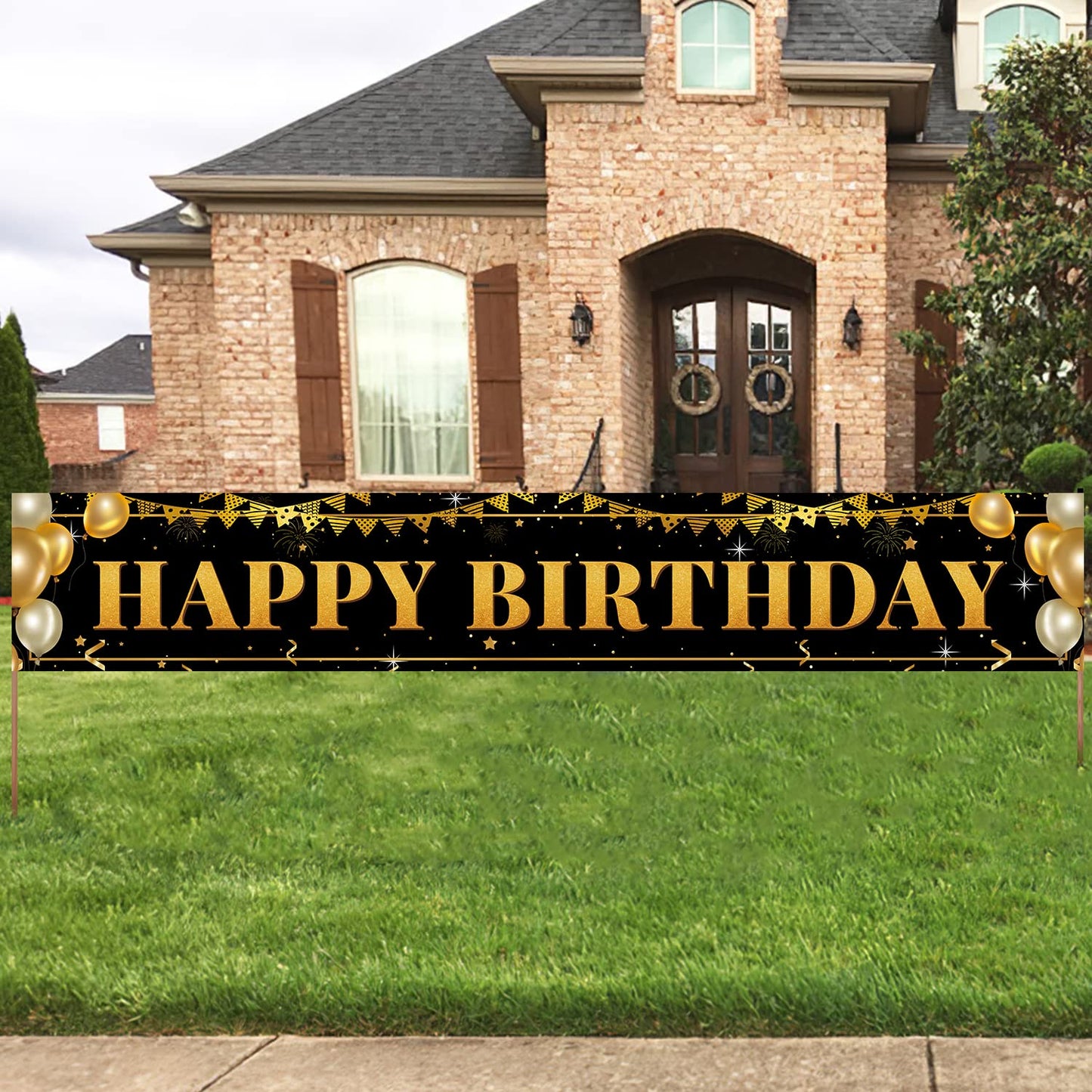 TZSS Black Gold Happy Birthday Banner – 9.8 ft x 1.6 ft, Reusable Polyester, Indoor/Outdoor Party Decor