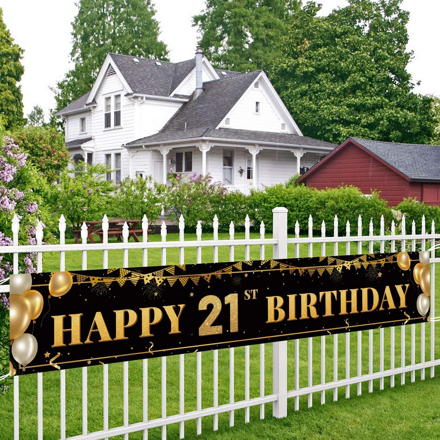 TZSS Large Happy 21st Birthday Banner – Black & Gold, 9.8 x 1.6 ft