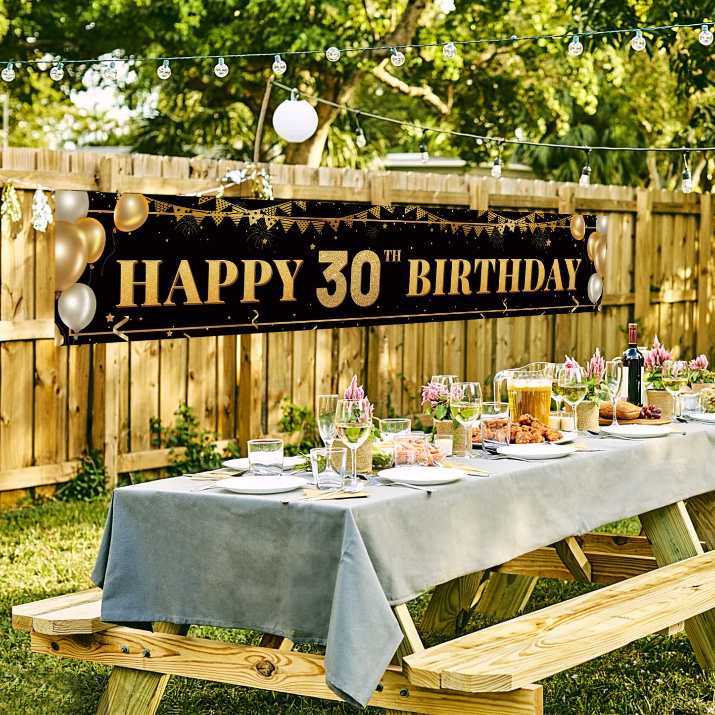 TZSS Large Happy 30th Birthday Banner - Black & Gold, 9.8ft x 1.6ft, Reusable