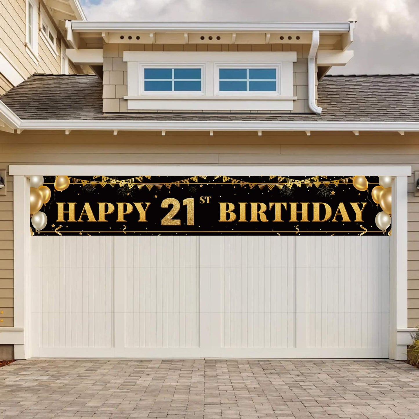 TZSS Large Happy 21st Birthday Banner – Black & Gold, 9.8 x 1.6 ft