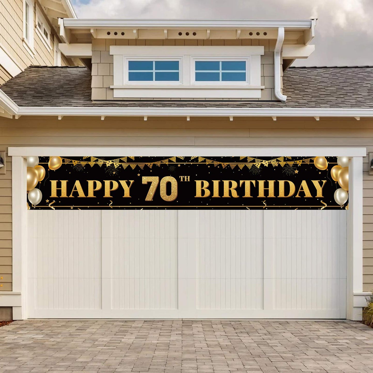 TZSS Large Black & Gold Happy 70th Birthday Banner - 9.8x1.6 ft, Reusable Polyester