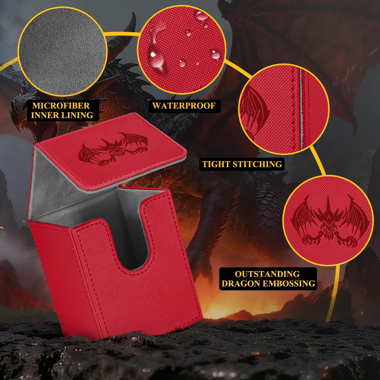 UAONO Card Deck Box – 100+ Card Capacity, PU Leather, Magnetic Closure, 2 Dividers (Red Extinction Dragon)