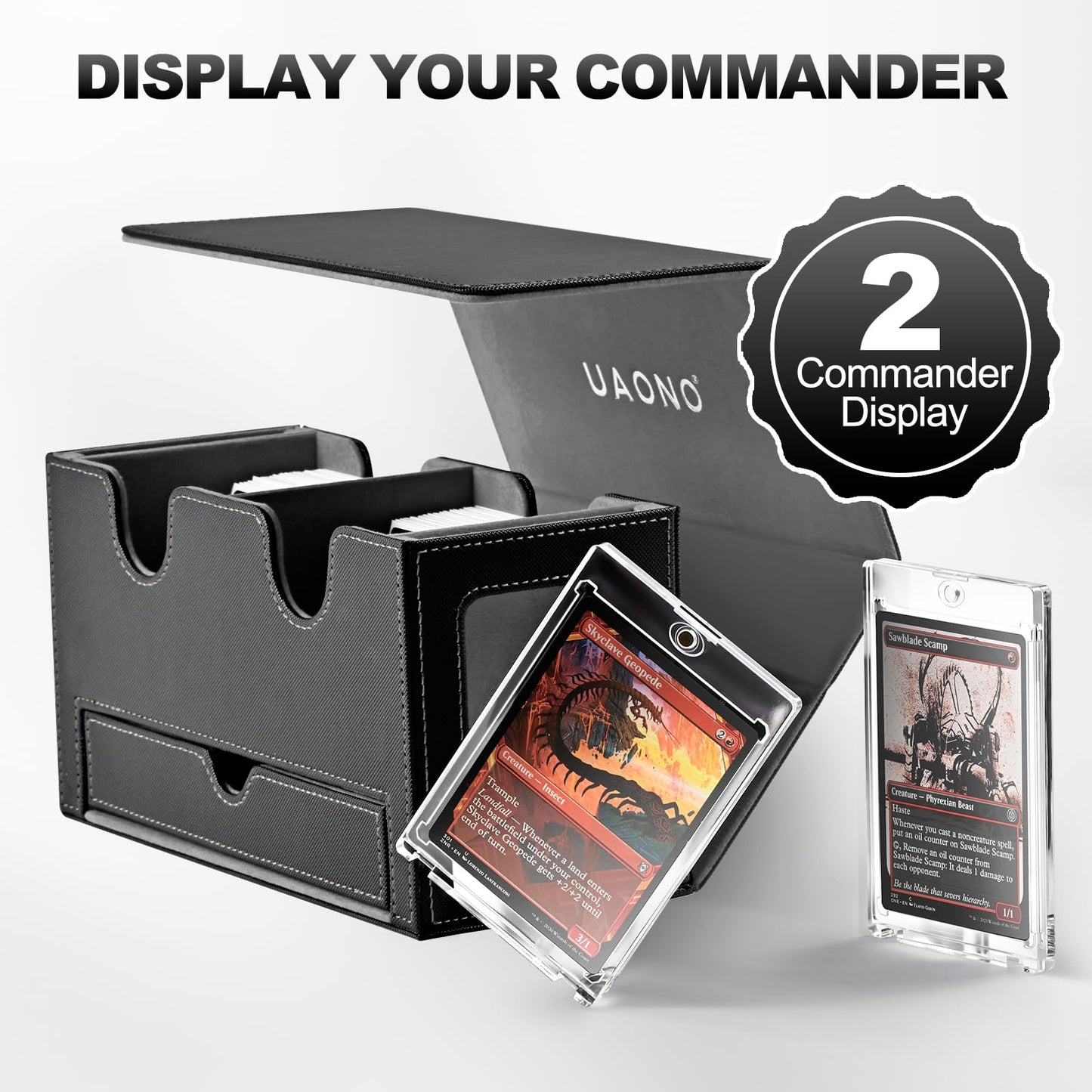 UAONO MTG Card Deck Box – Dual Commander Windows, 400+ Capacity, Magnetic Closure, Dice Tray