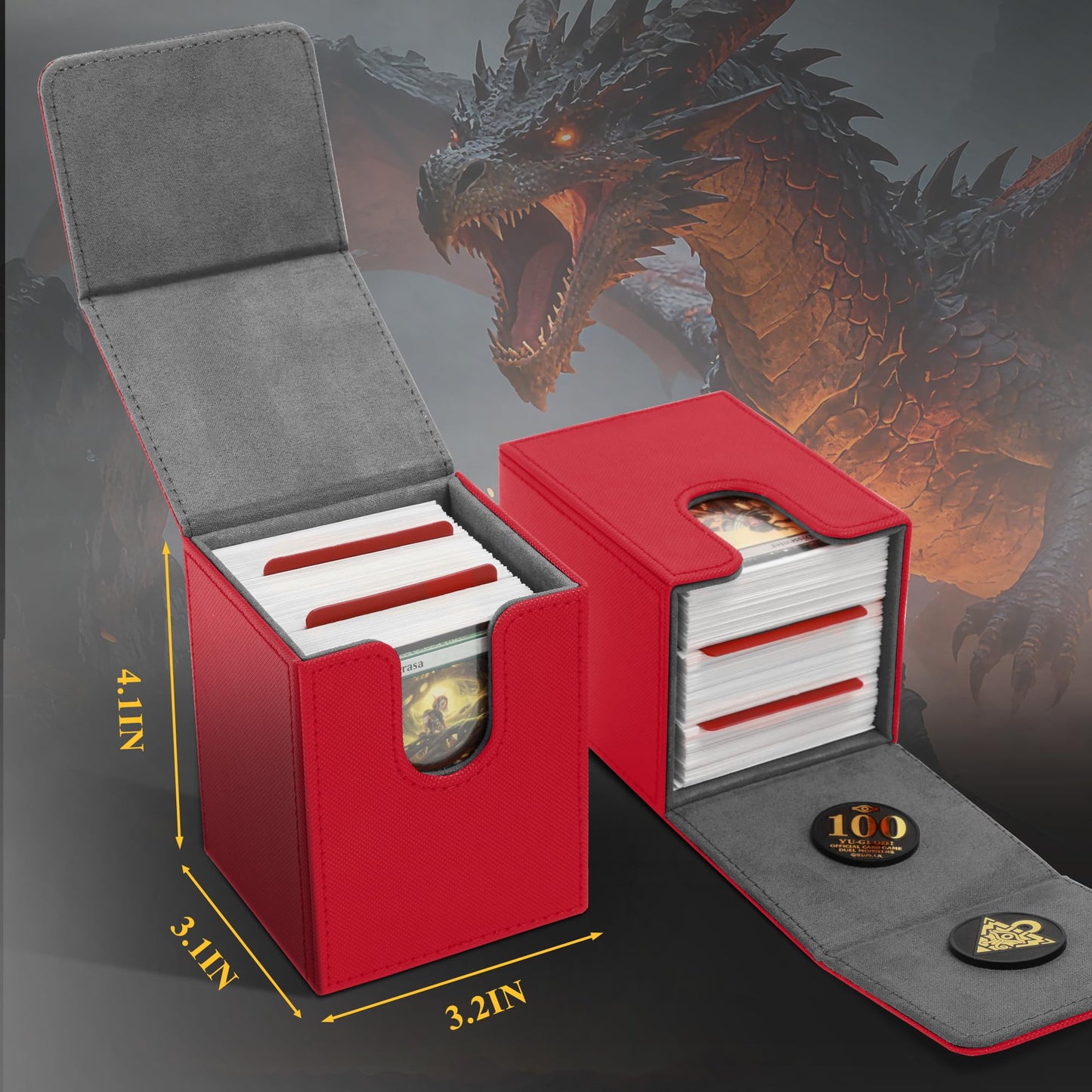 UAONO Card Deck Box – 100+ Card Capacity, PU Leather, Magnetic Closure, 2 Dividers (Red Extinction Dragon)