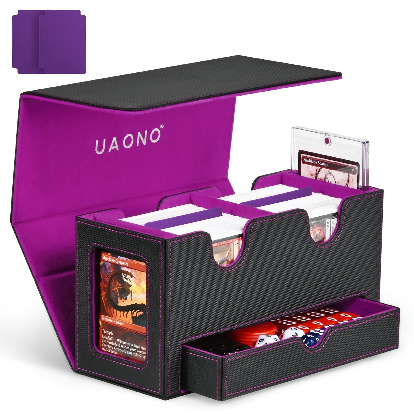 UAONO Card Deck Box for MTG – 200+ Double-Sleeved Capacity, 2 Commander Displays, Dice Tray