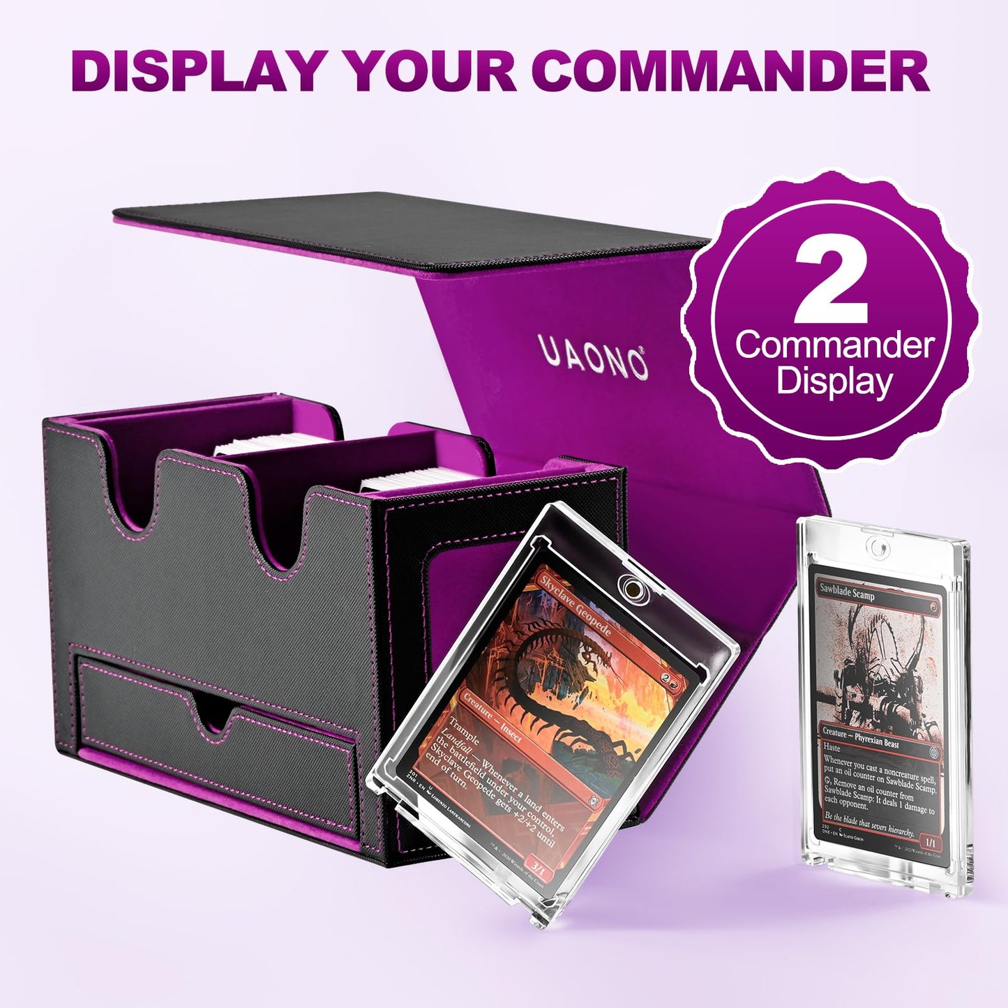 UAONO Card Deck Box for MTG – 200+ Double-Sleeved Capacity, 2 Commander Displays, Dice Tray