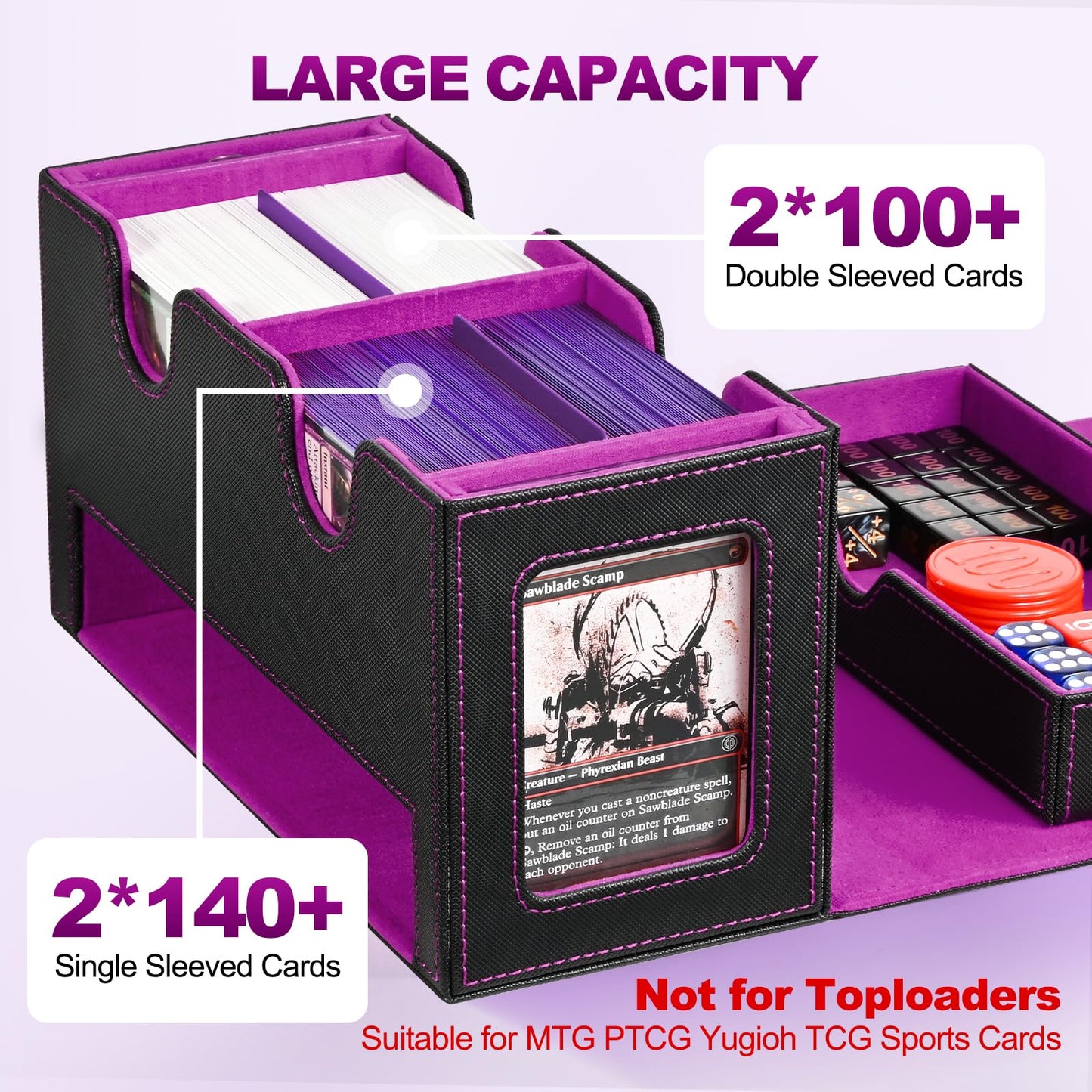 UAONO Card Deck Box for MTG – 200+ Double-Sleeved Capacity, 2 Commander Displays, Dice Tray