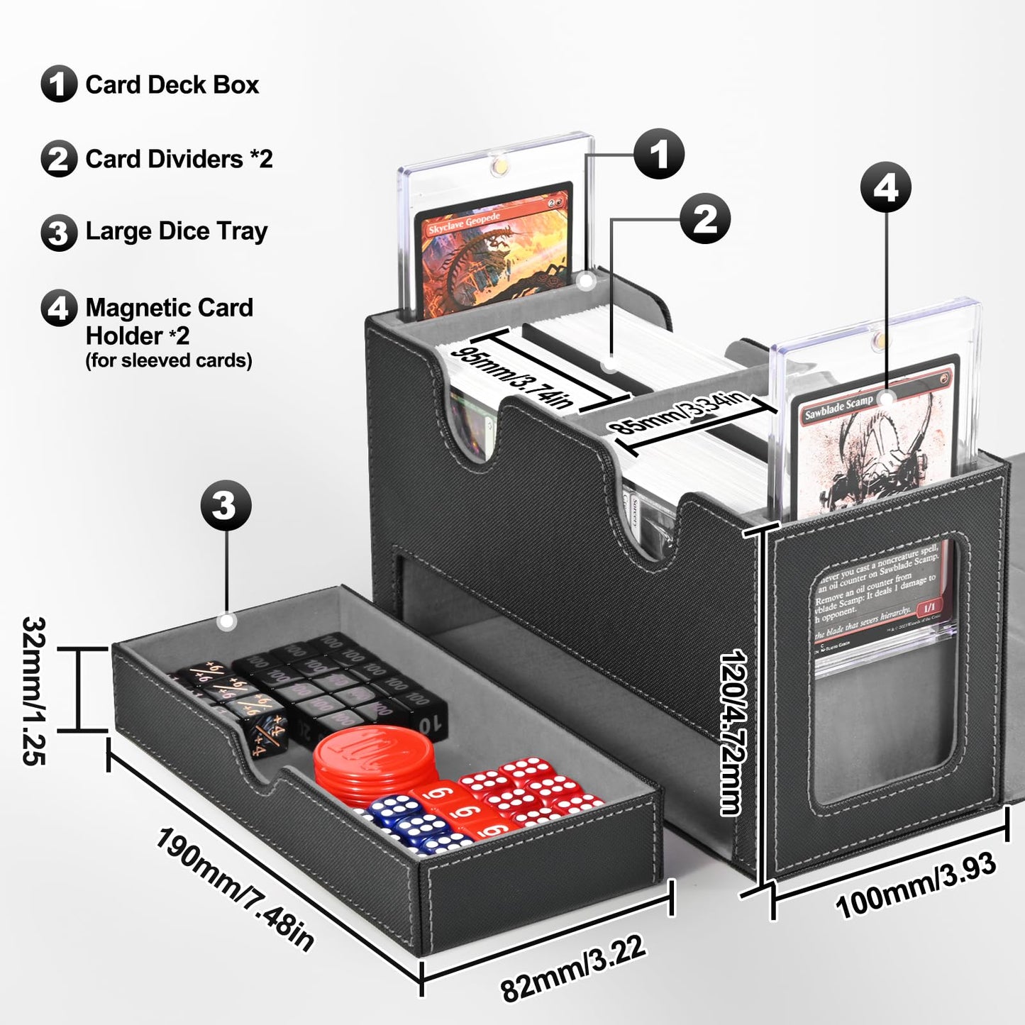 UAONO MTG Card Deck Box – Dual Commander Windows, 400+ Capacity, Magnetic Closure, Dice Tray