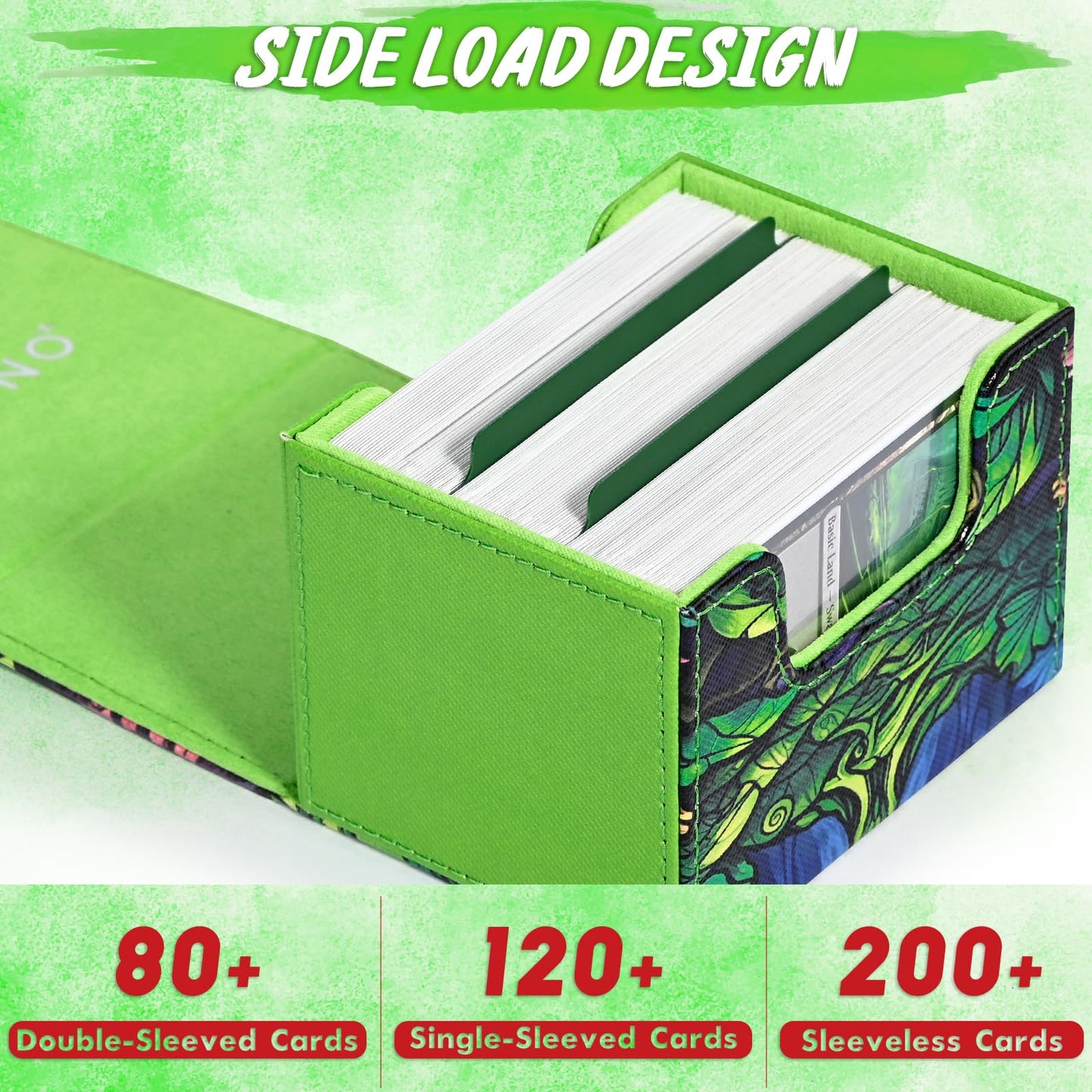 UAONO Card Deck Box for MTG — Holds 120+ Sleeved Decks, PU Leather, 2 Dividers (Green/Tree)