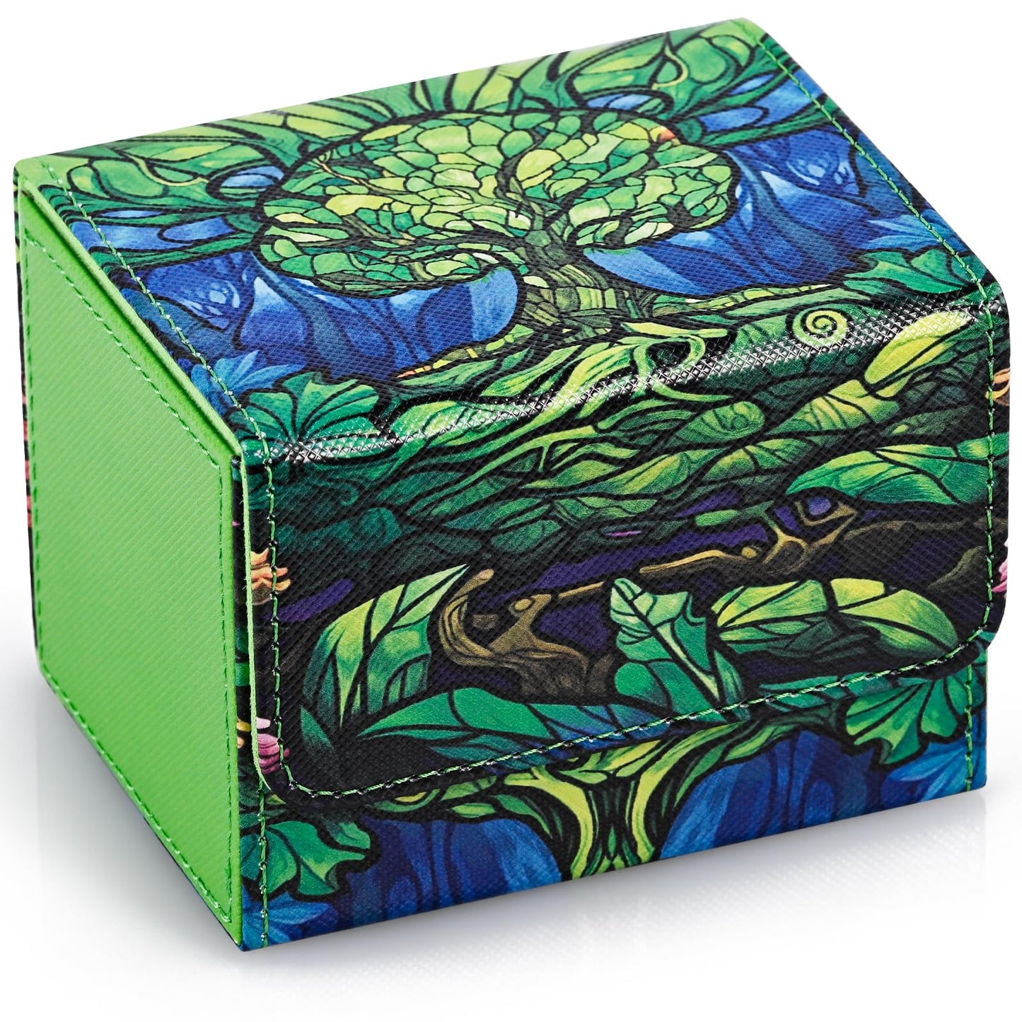 UAONO Card Deck Box for MTG — Holds 120+ Sleeved Decks, PU Leather, 2 Dividers (Green/Tree)