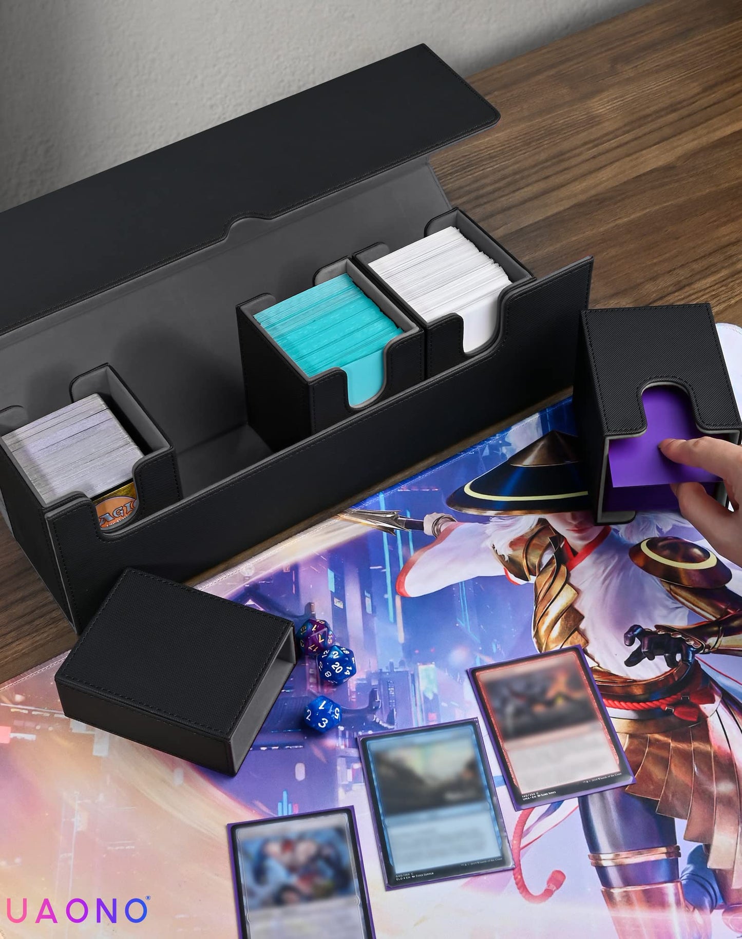 UAONO 5-in-1 Card Deck Box with Dice Tray | 800+ Card Capacity for MTG & Yugioh