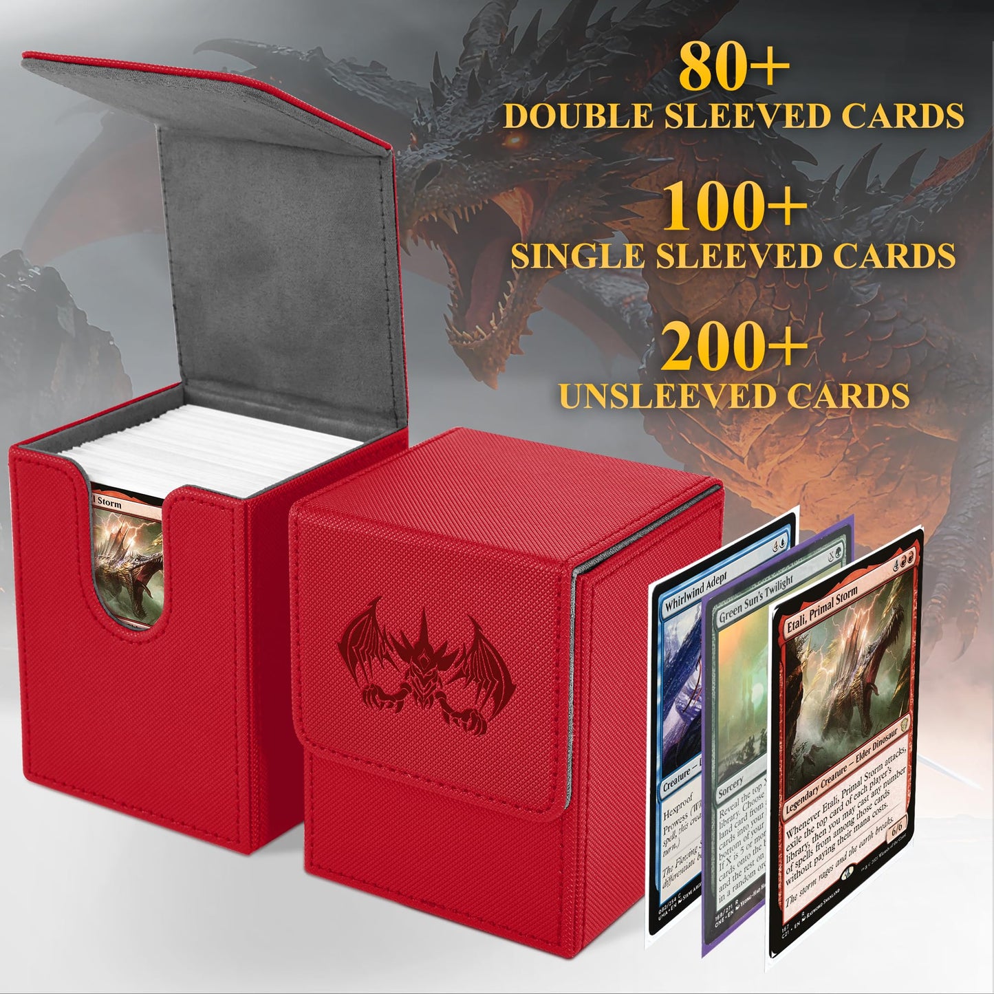 UAONO Card Deck Box – 100+ Card Capacity, PU Leather, Magnetic Closure, 2 Dividers (Red Extinction Dragon)