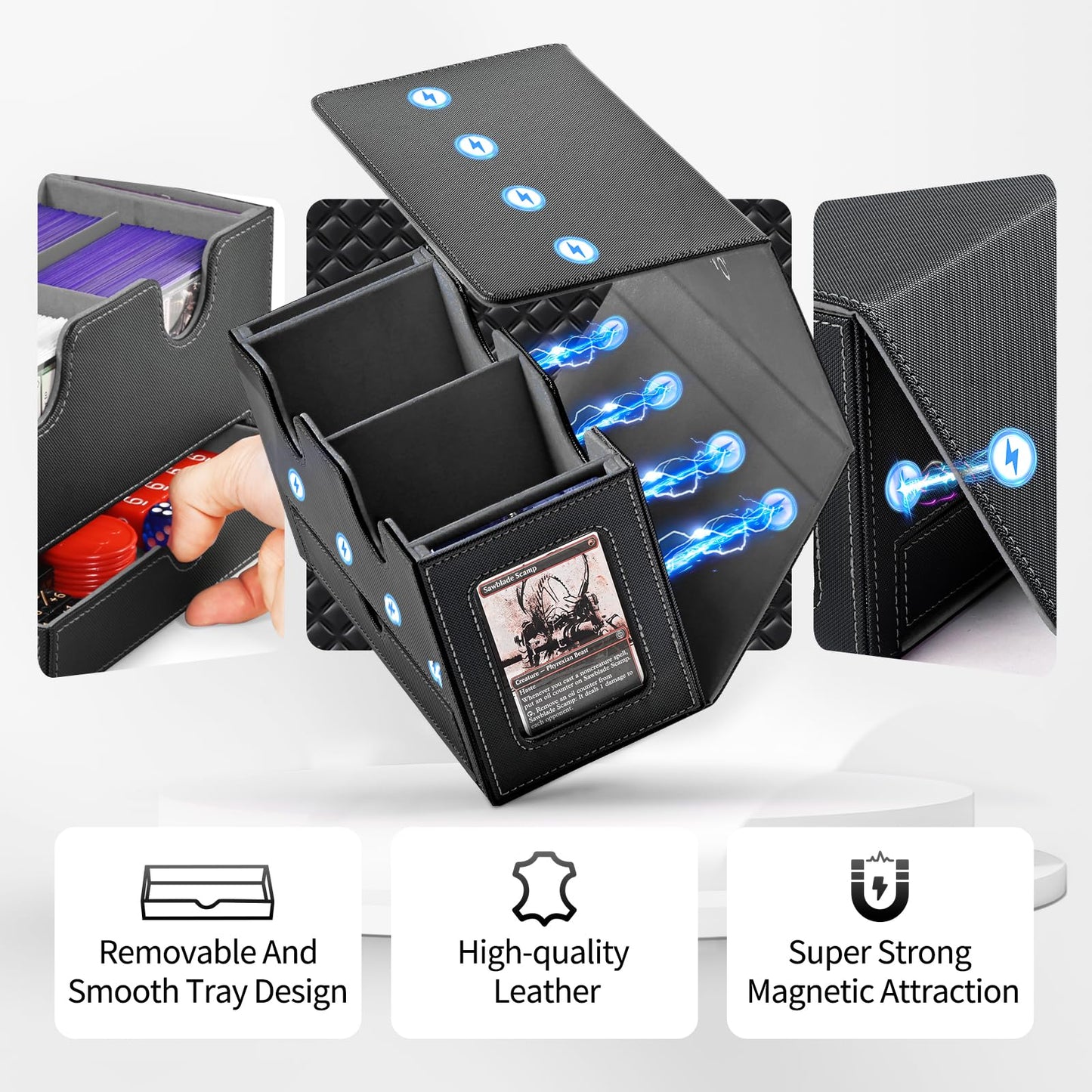 UAONO MTG Card Deck Box – Dual Commander Windows, 400+ Capacity, Magnetic Closure, Dice Tray
