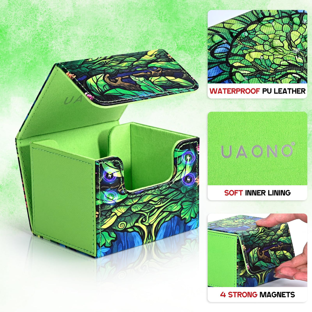 UAONO Card Deck Box for MTG — Holds 120+ Sleeved Decks, PU Leather, 2 Dividers (Green/Tree)