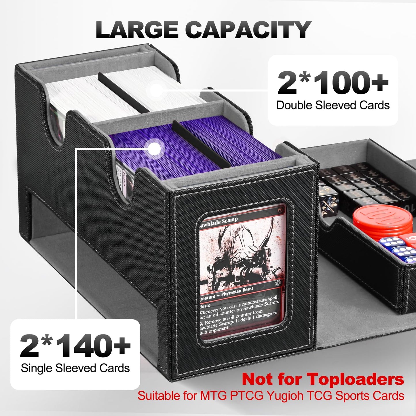 UAONO MTG Card Deck Box – Dual Commander Windows, 400+ Capacity, Magnetic Closure, Dice Tray