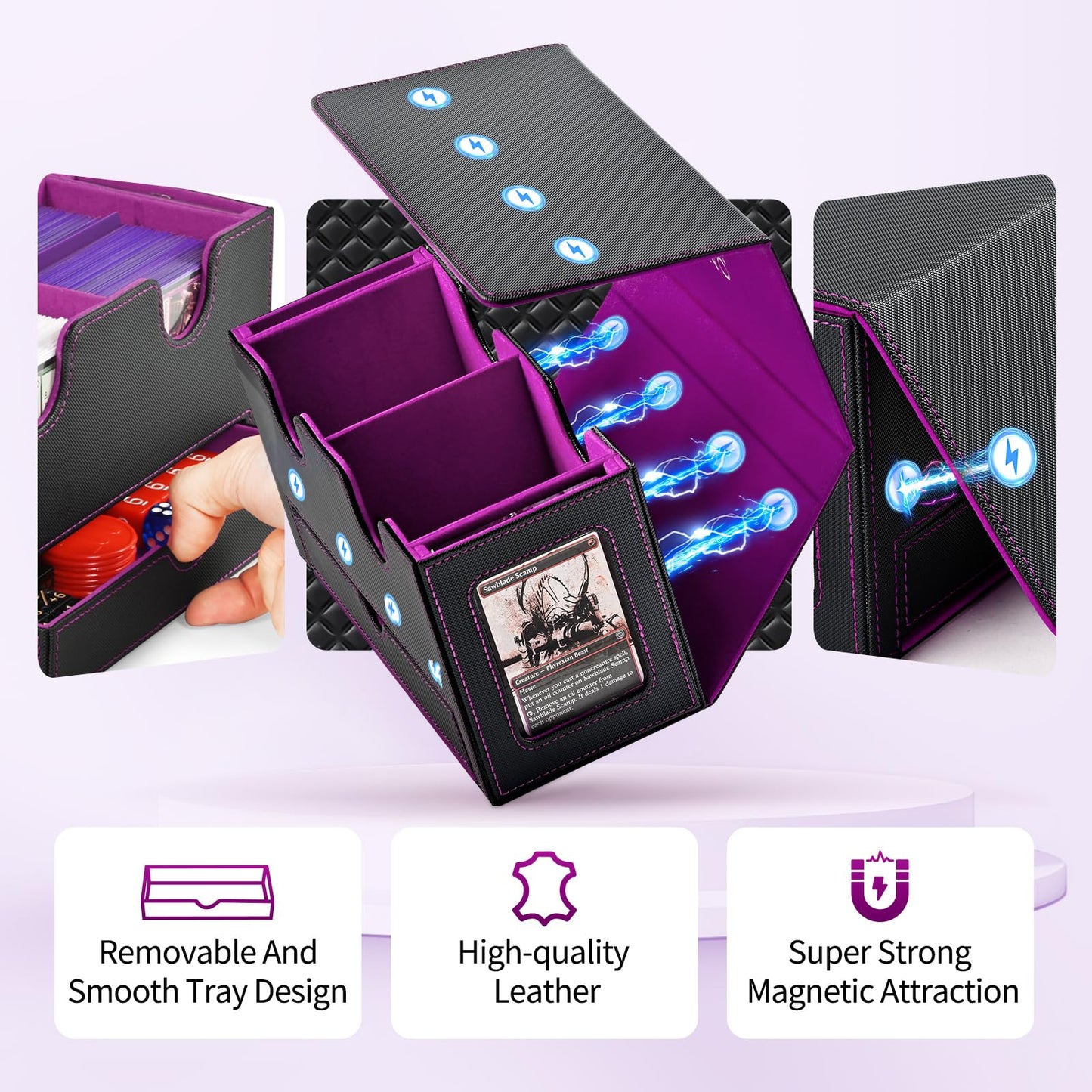 UAONO Card Deck Box for MTG – 200+ Double-Sleeved Capacity, 2 Commander Displays, Dice Tray