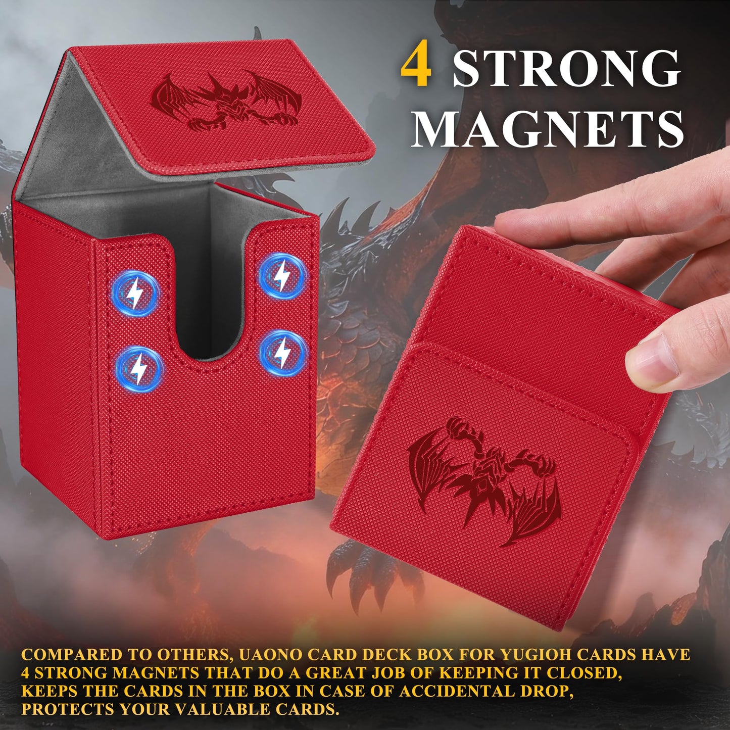 UAONO Card Deck Box – 100+ Card Capacity, PU Leather, Magnetic Closure, 2 Dividers (Red Extinction Dragon)