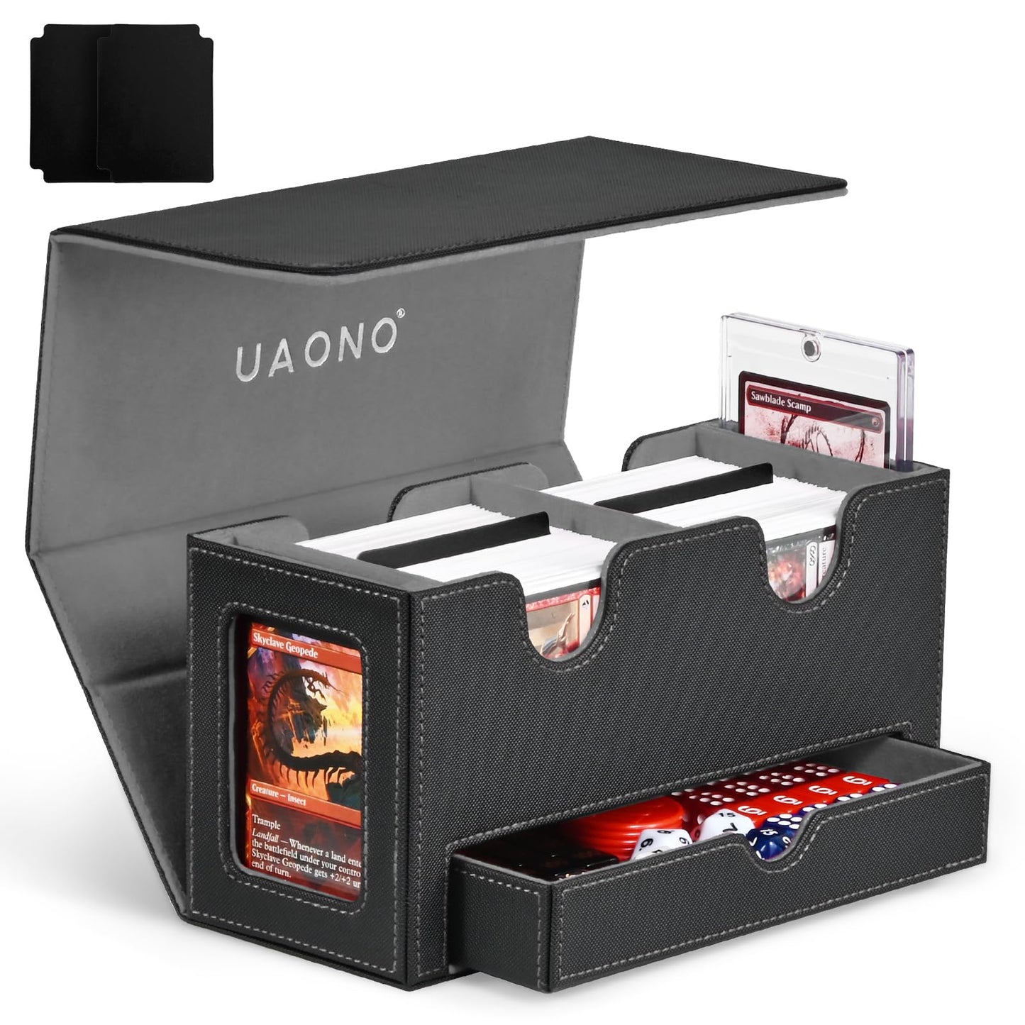 UAONO MTG Card Deck Box – Dual Commander Windows, 400+ Capacity, Magnetic Closure, Dice Tray