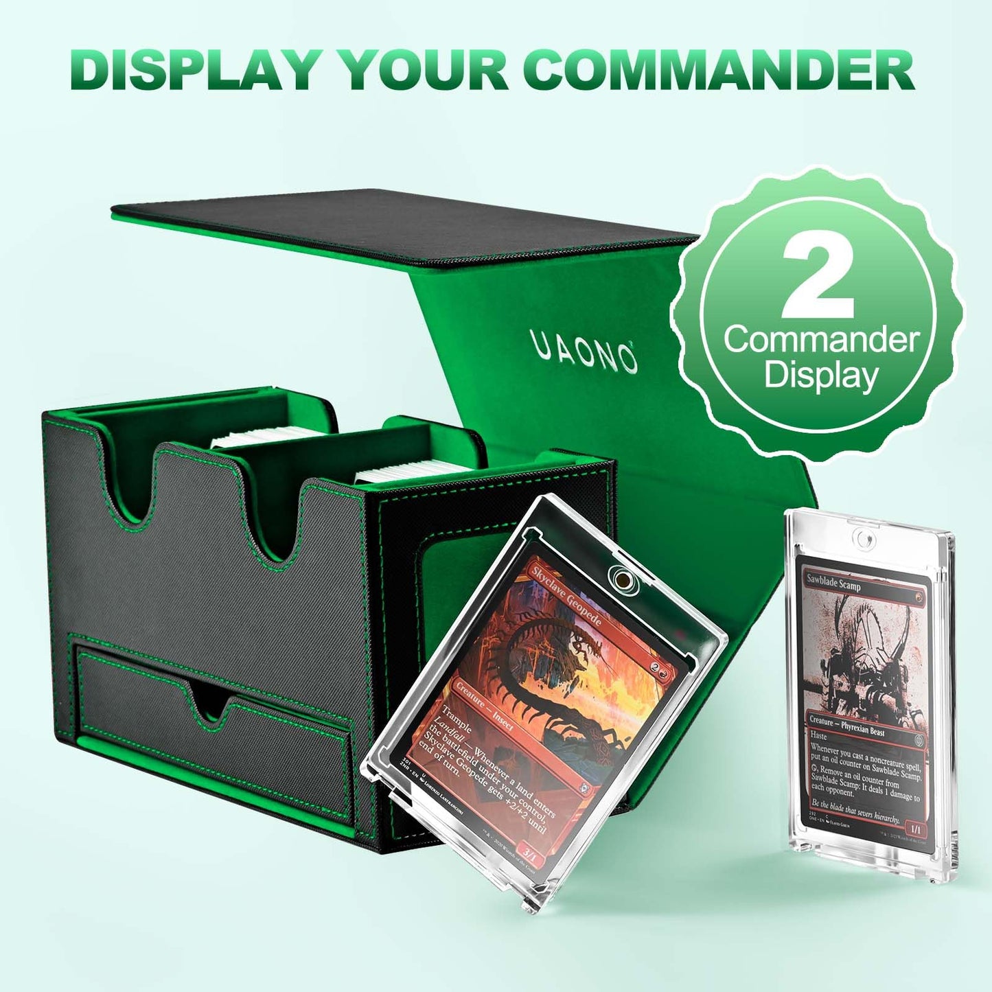 UAONO Card Deck Box for MTG - 400+ Card Capacity, Dual Commander Windows, Dice Tray