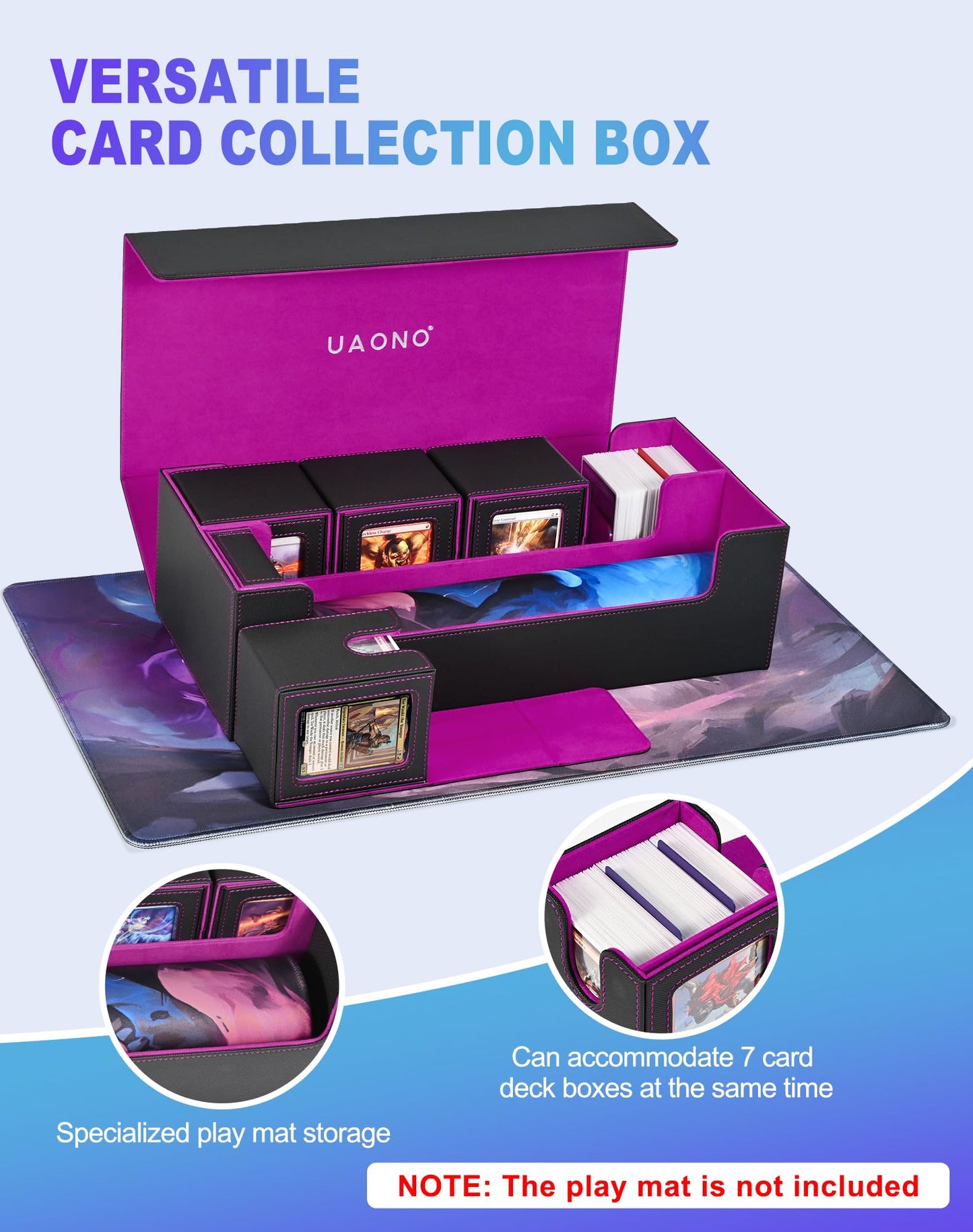 UAONO Card Storage Box 5-in-1 Deck Case – Large Capacity Organizer for MTG/TCG & Accessories (Black/Purple)