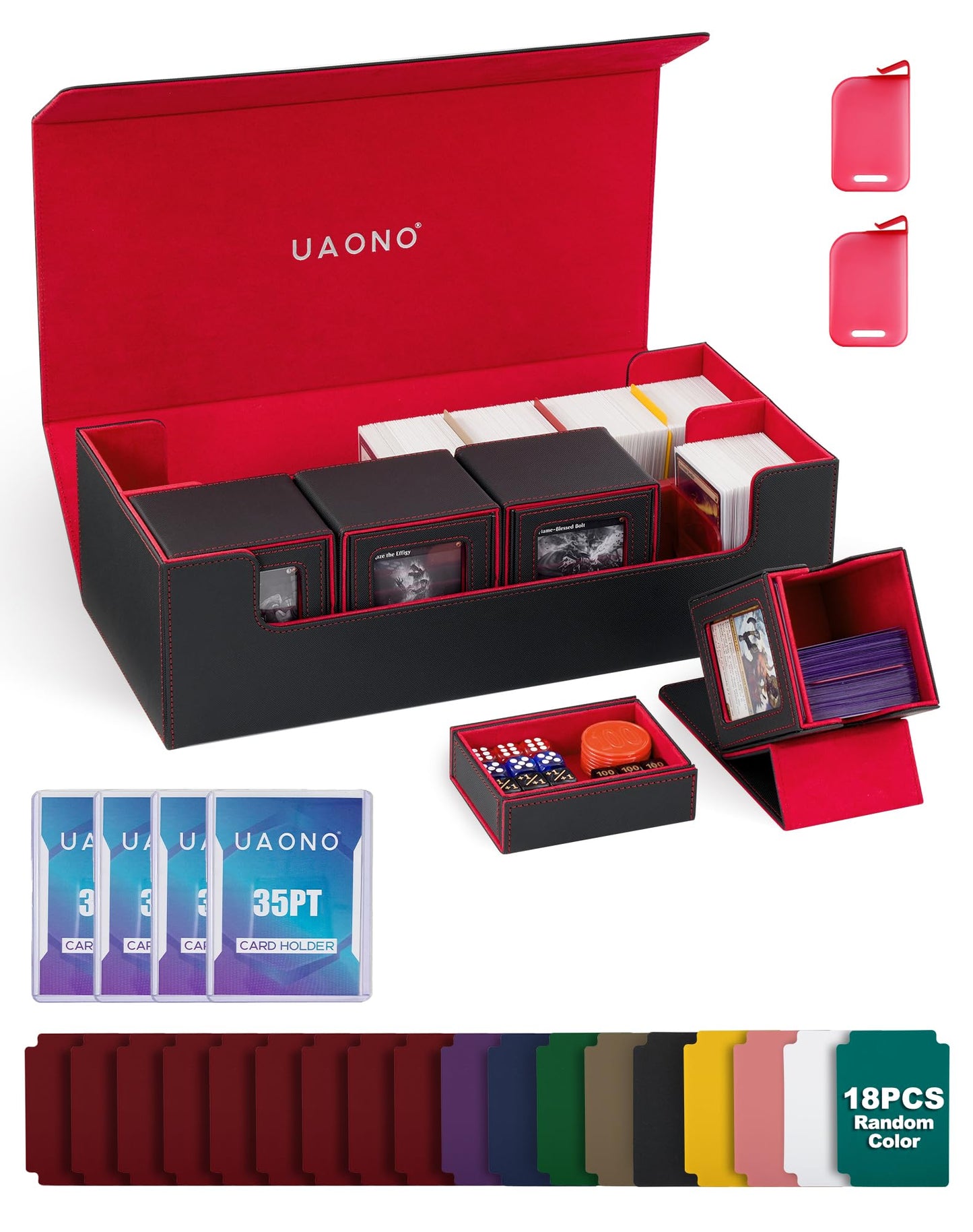 UAONO Card Storage Box 5-in-1 Deck Organizer for MTG/TCG – Large Box + 4 Small Deck Boxes (Black, Red)