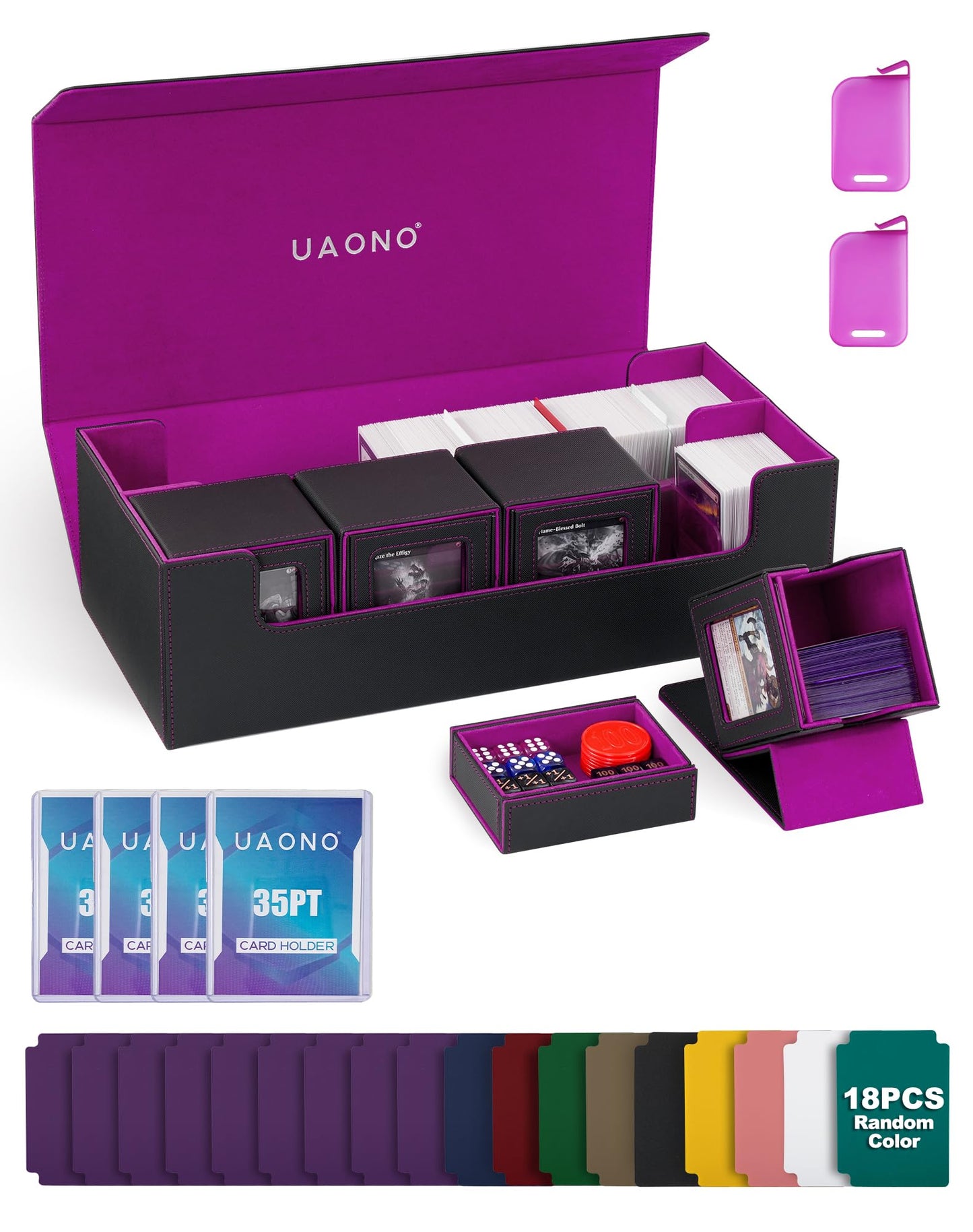 UAONO Card Storage Box 5-in-1 Deck Case – Large Capacity Organizer for MTG/TCG & Accessories (Black/Purple)